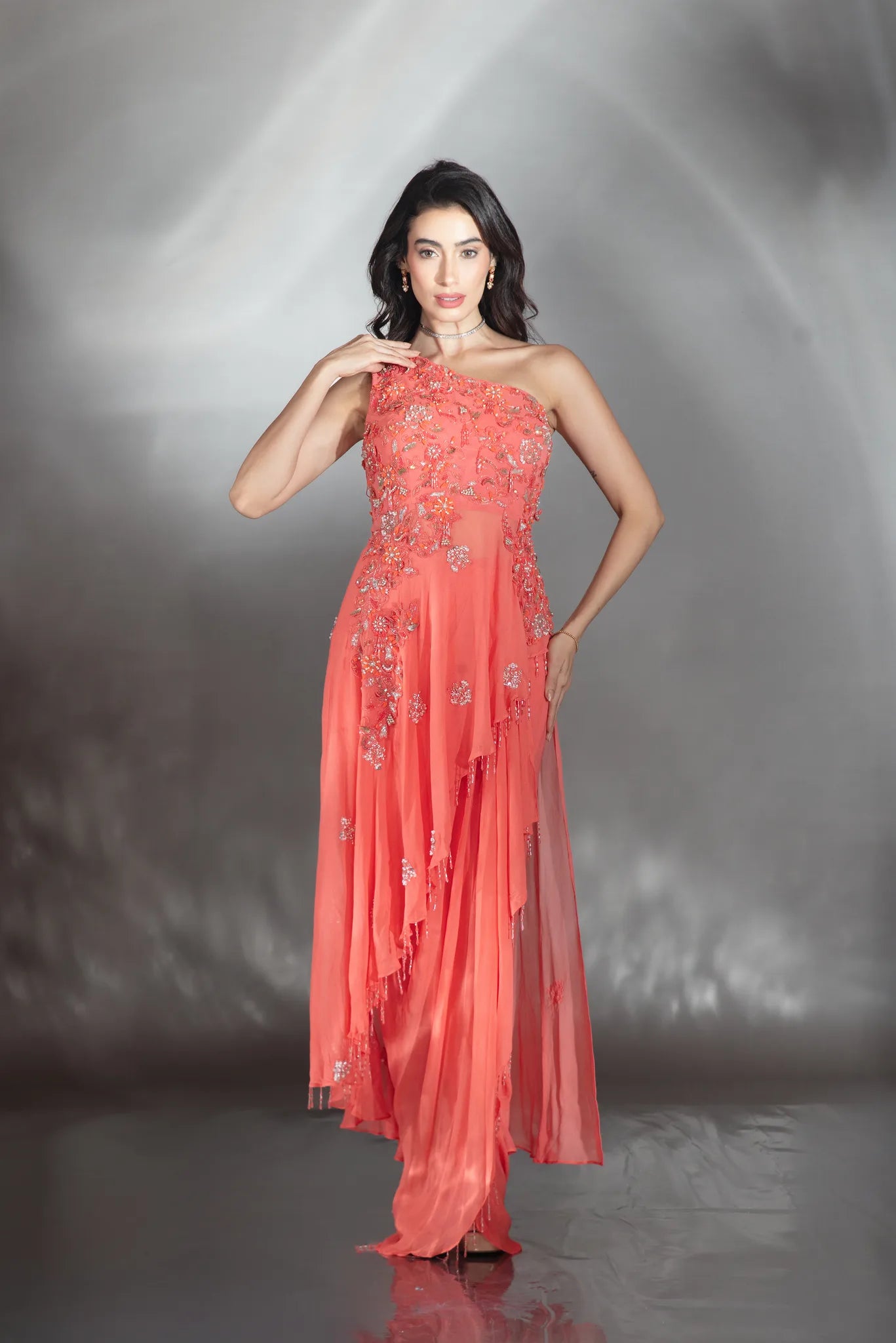 Ember Coral Asymmetrical Drape Set - Saaj 31st11162
