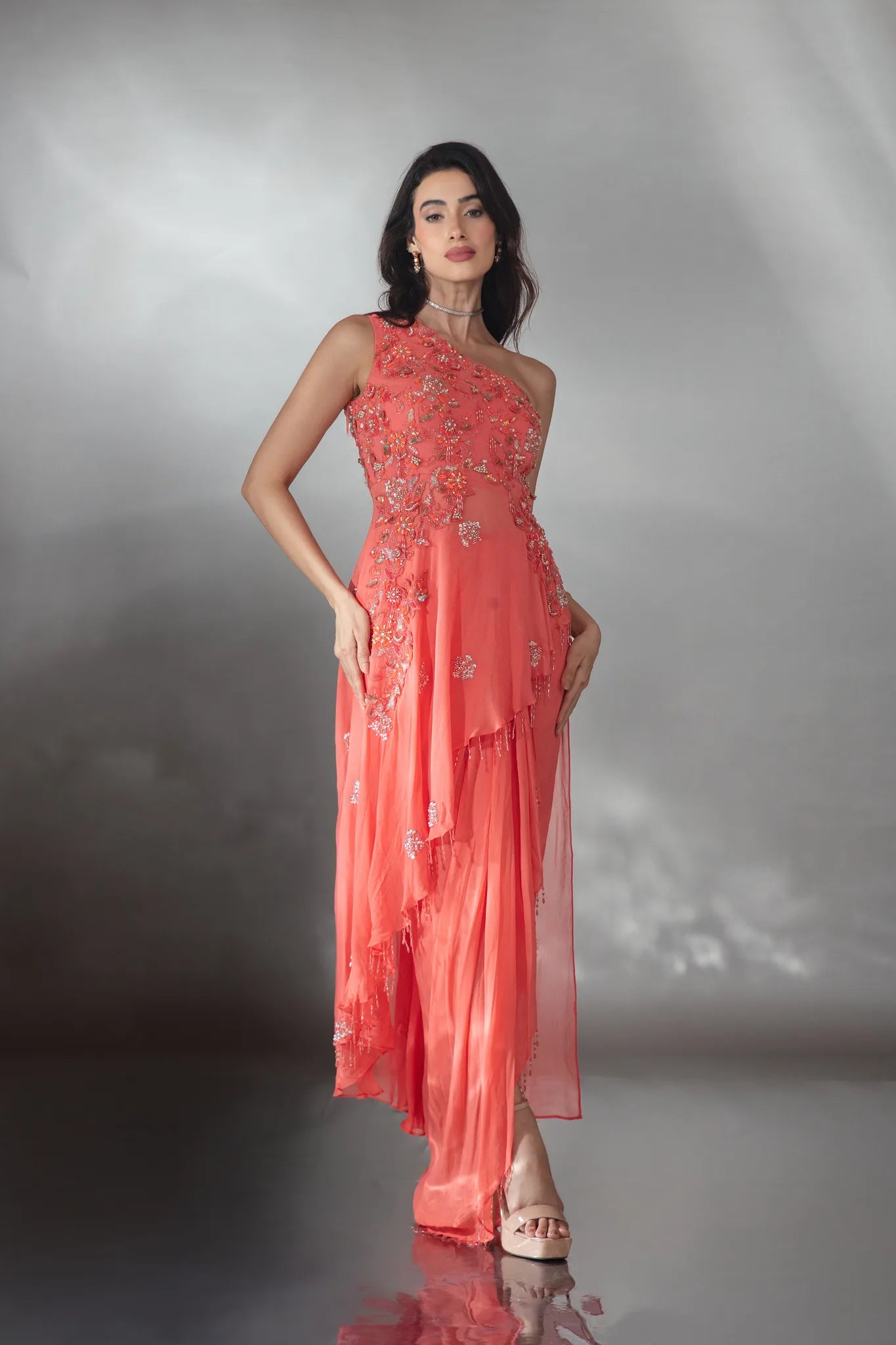 Ember Coral Asymmetrical Drape Set - Saaj 31st11166