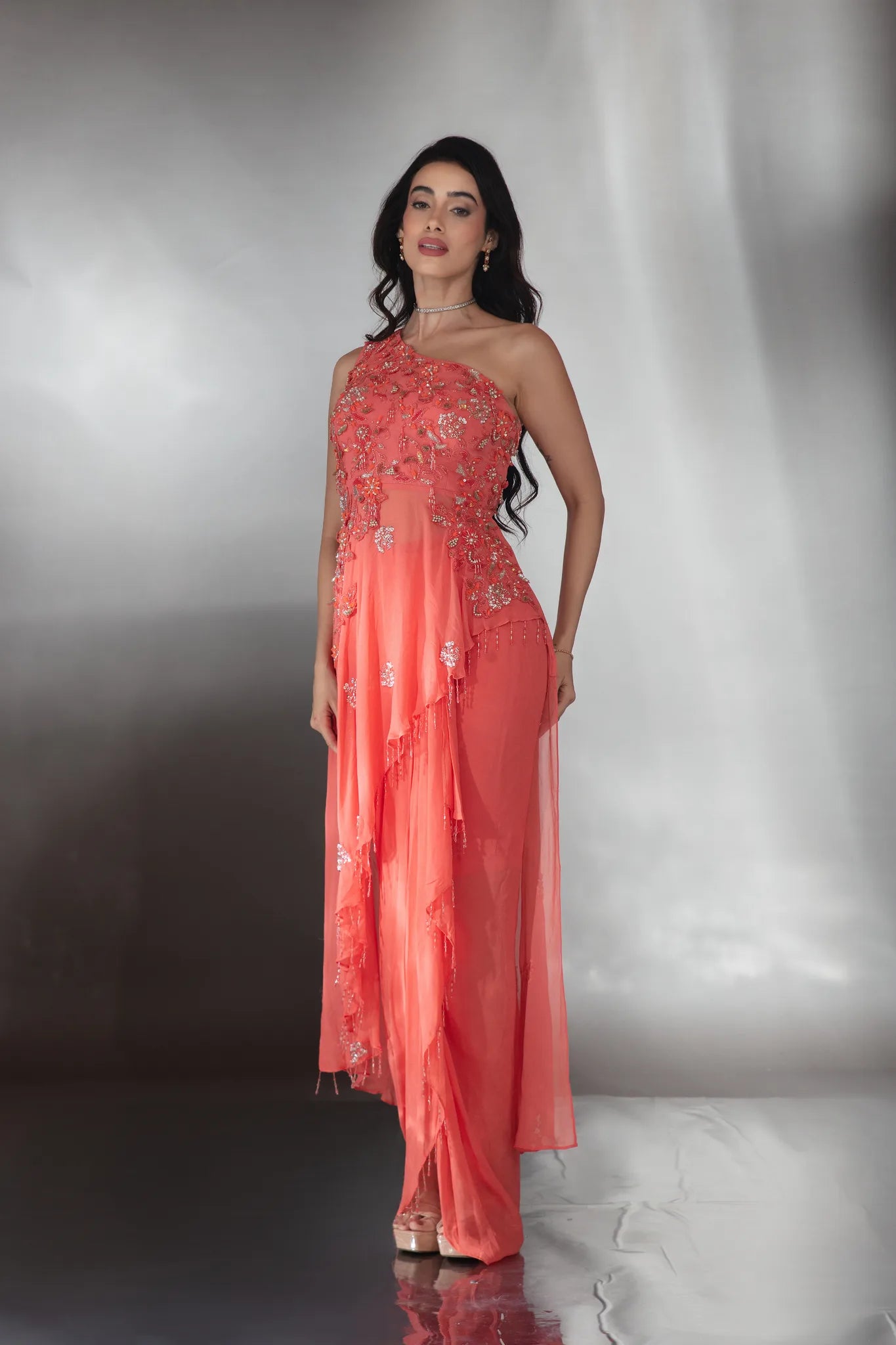 Ember Coral Asymmetrical Drape Set - Saaj 31st11168