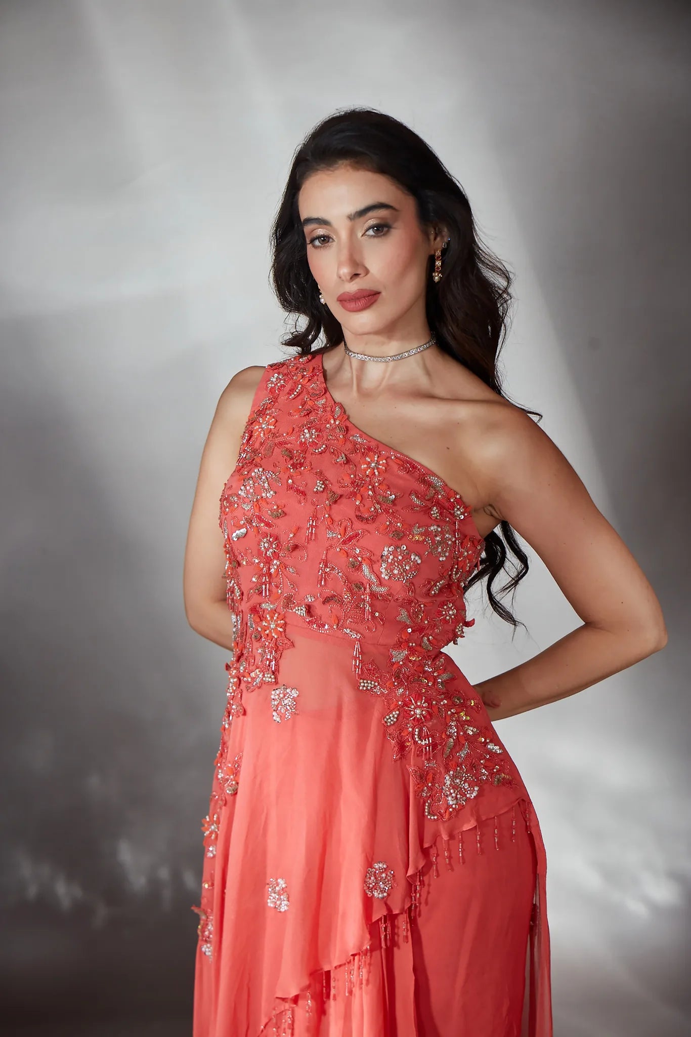 Ember Coral Asymmetrical Drape Set - Saaj 31st11188