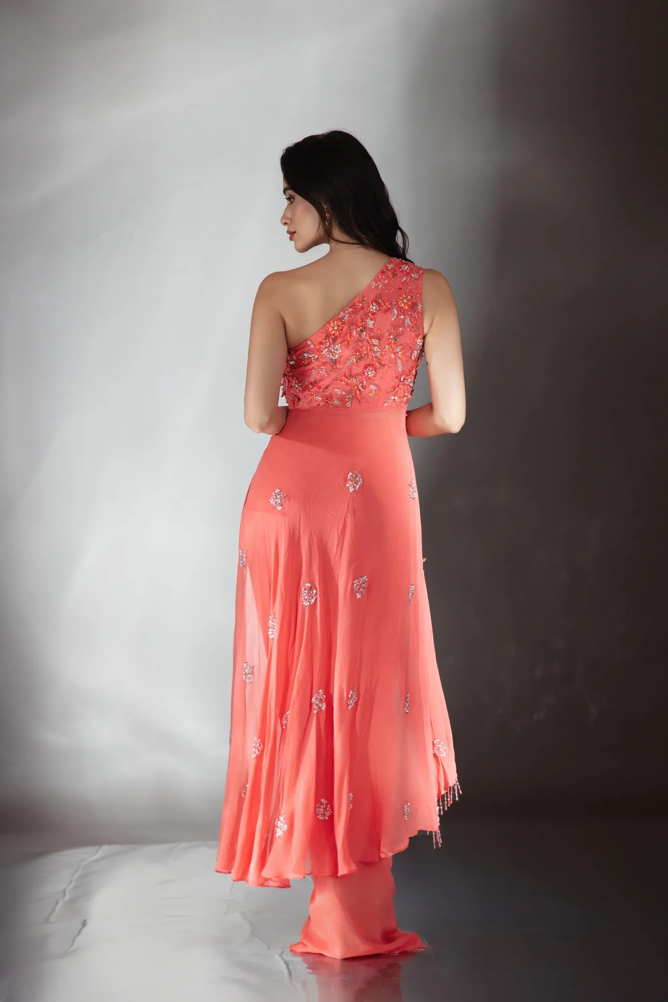 Ember Coral Asymmetrical Drape Set - Saaj 31st11208