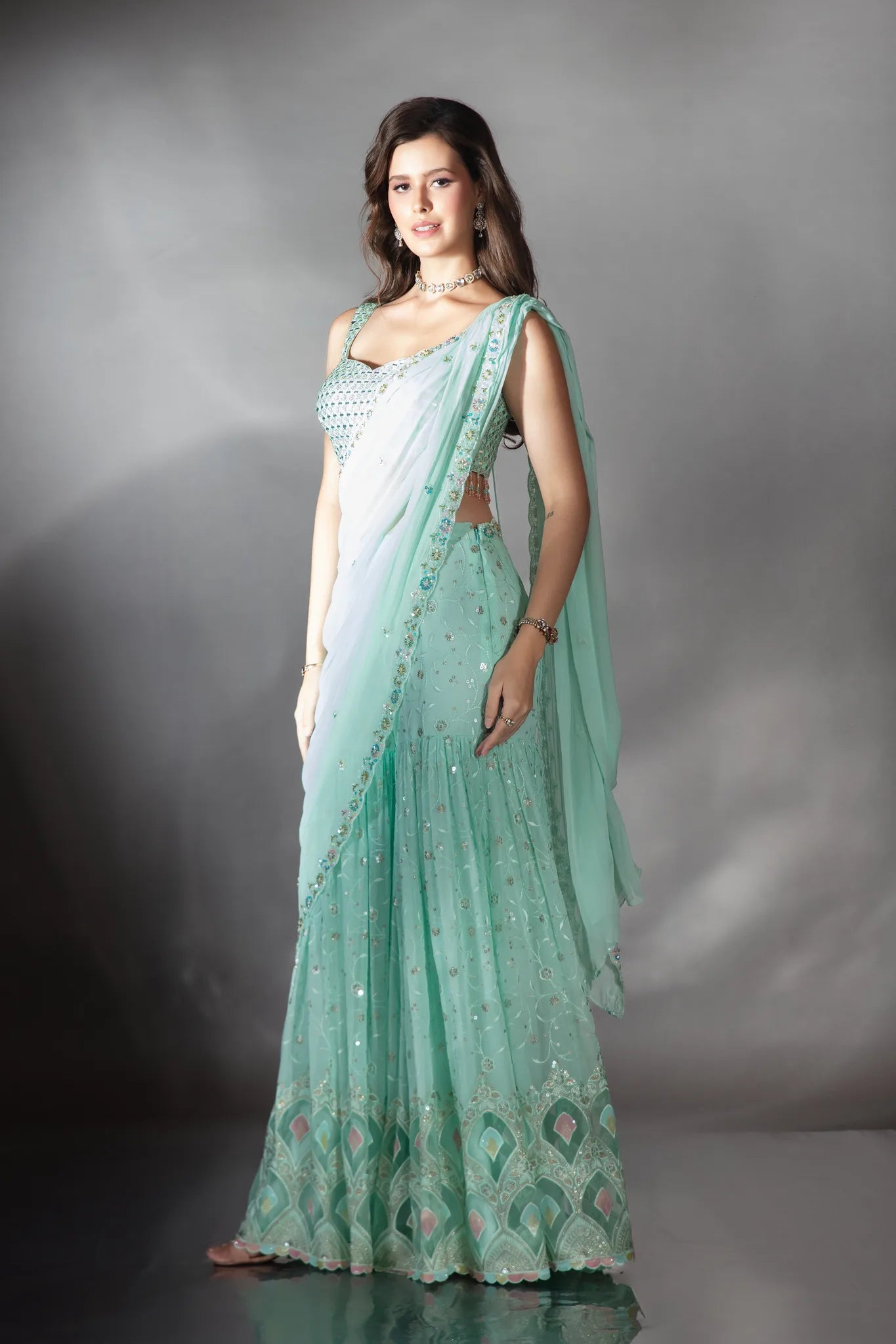 Aqua Mist Sharara Saree - Saaj 31st11250