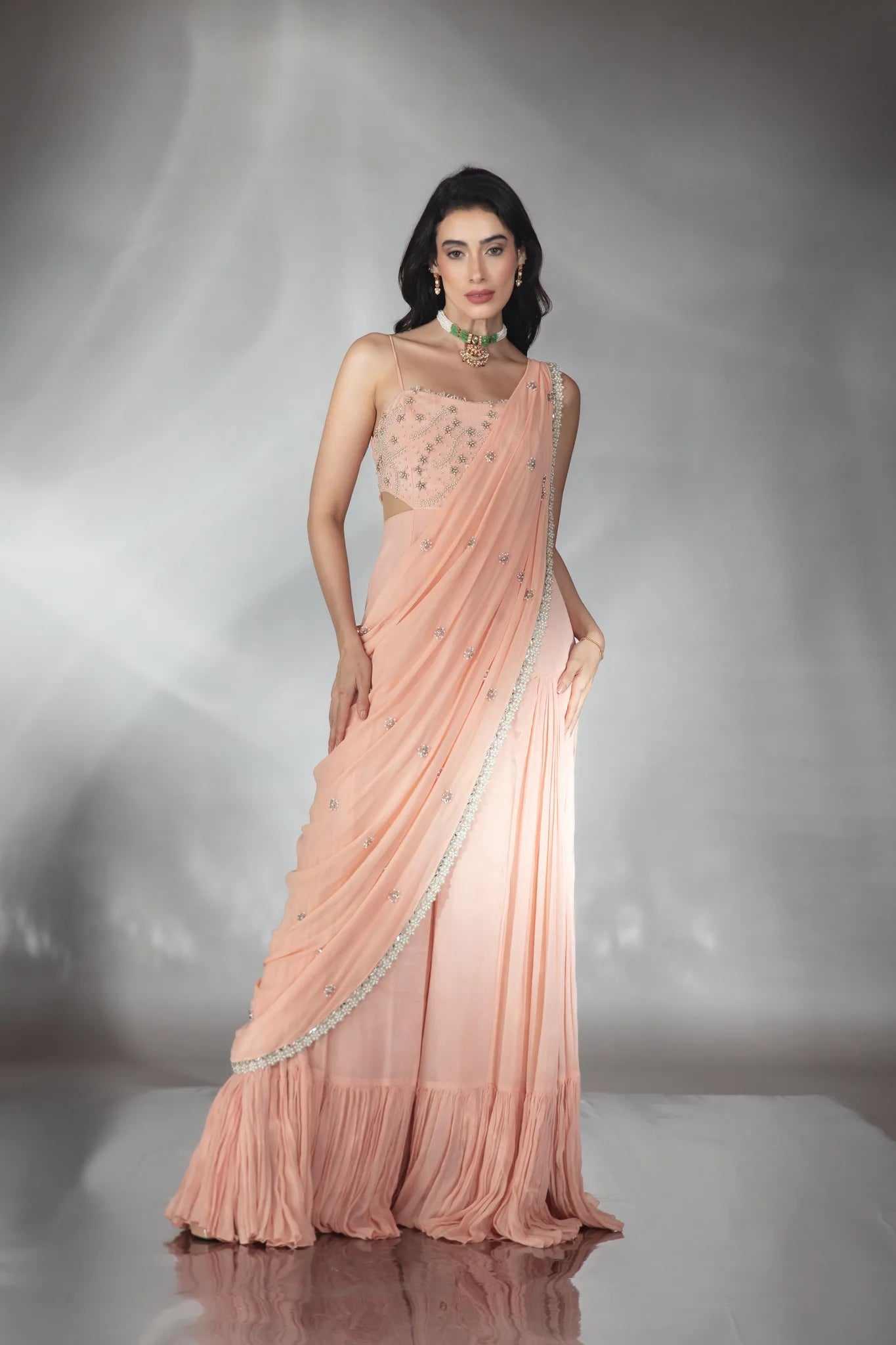 Blush Apricot Jumpsuit Saree - Saaj 31st11327