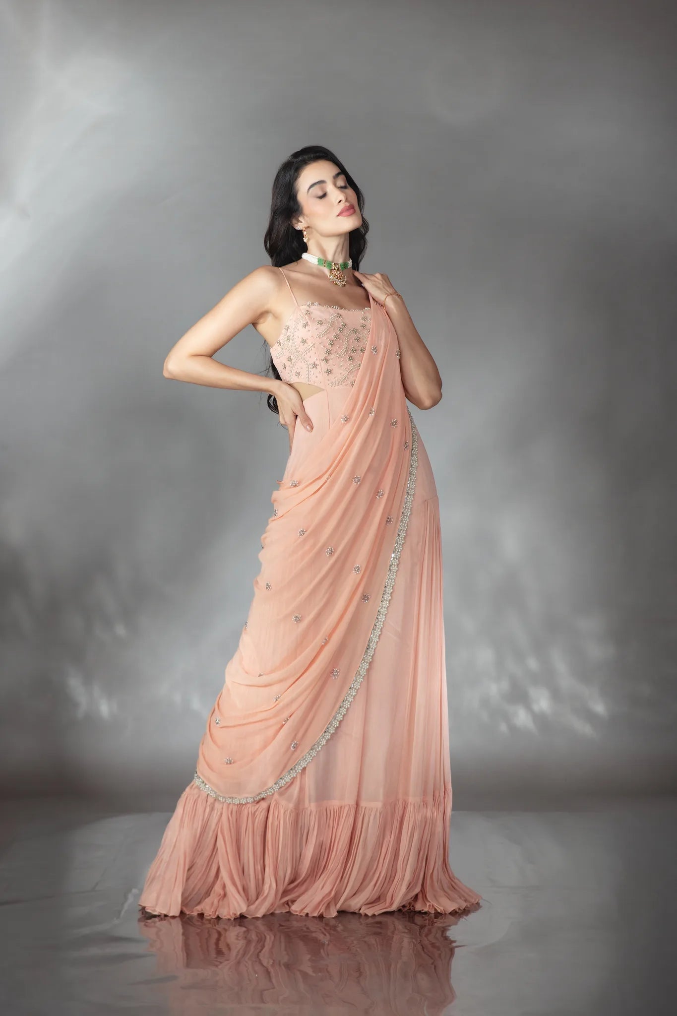 Blush Apricot Jumpsuit Saree - Saaj 31st11338