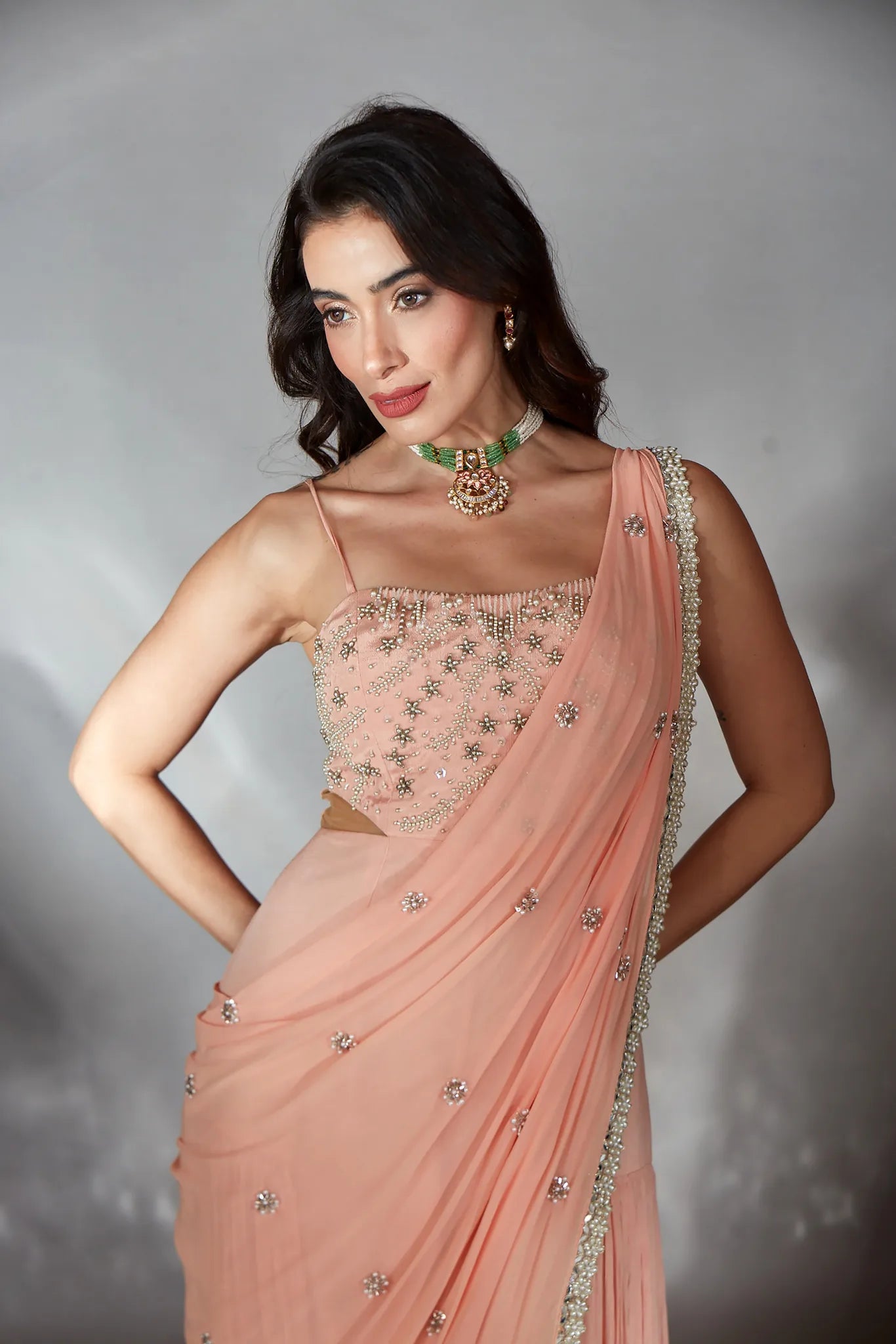 Blush Apricot Jumpsuit Saree - Saaj 31st11355