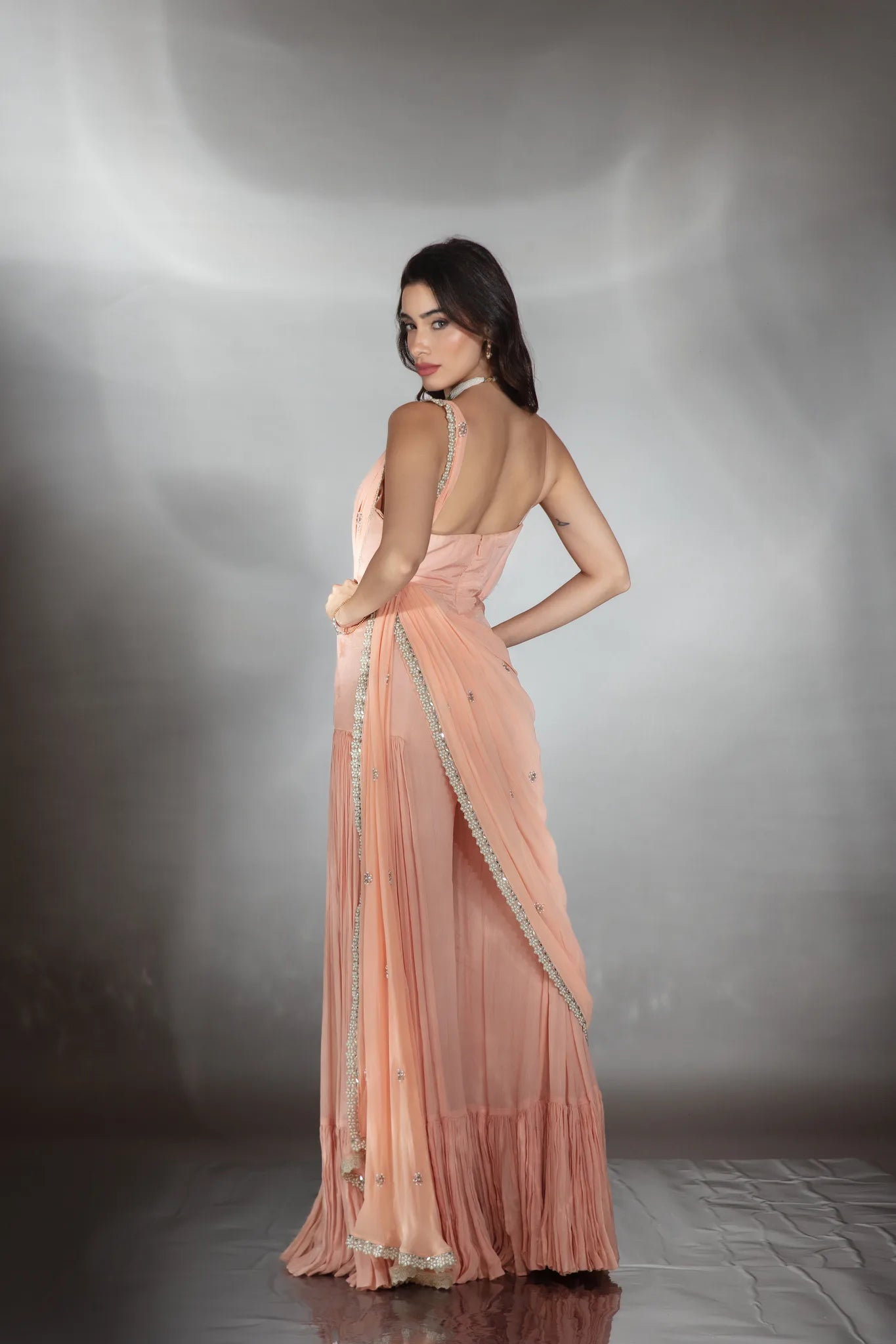 Blush Apricot Jumpsuit Saree - Saaj 31st11382