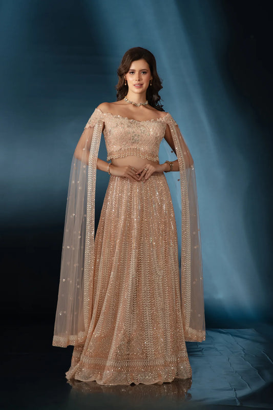 Peach Cape Sleeve Lehenga Set - Saaj 31st11570