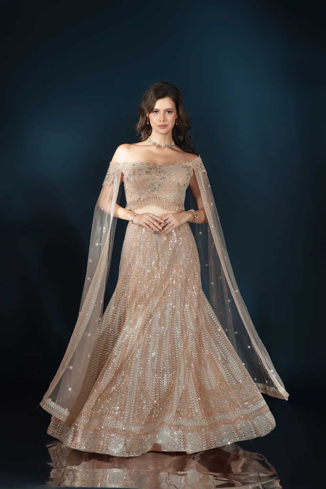 Peach Cape Sleeve Lehenga Set - Saaj 31st11586