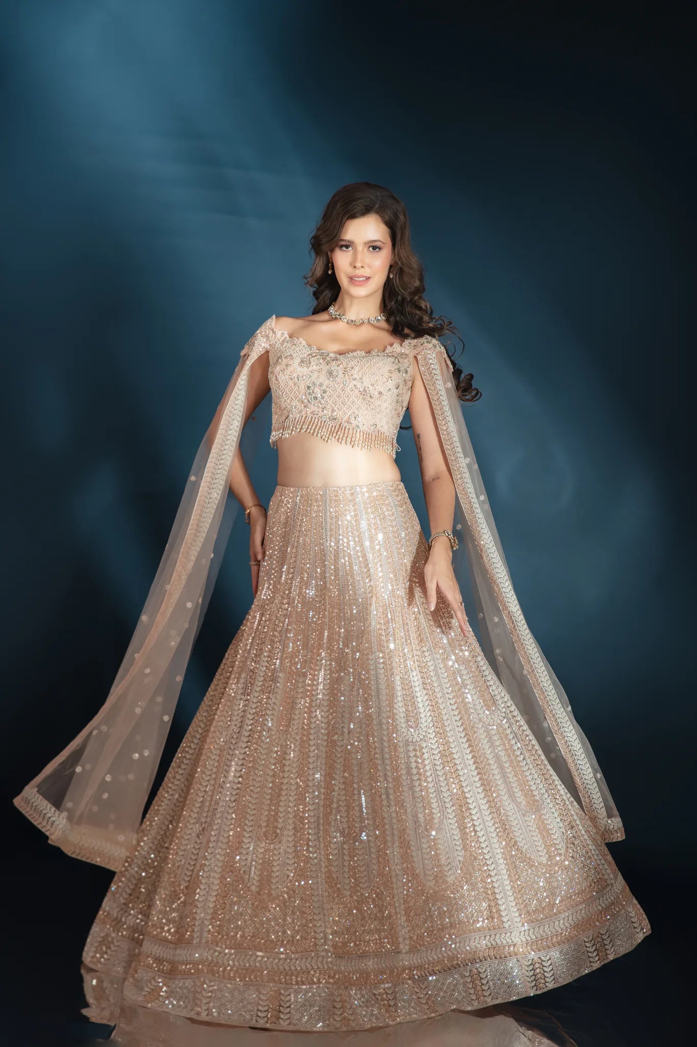 Peach Cape Sleeve Lehenga Set - Saaj 31st11600