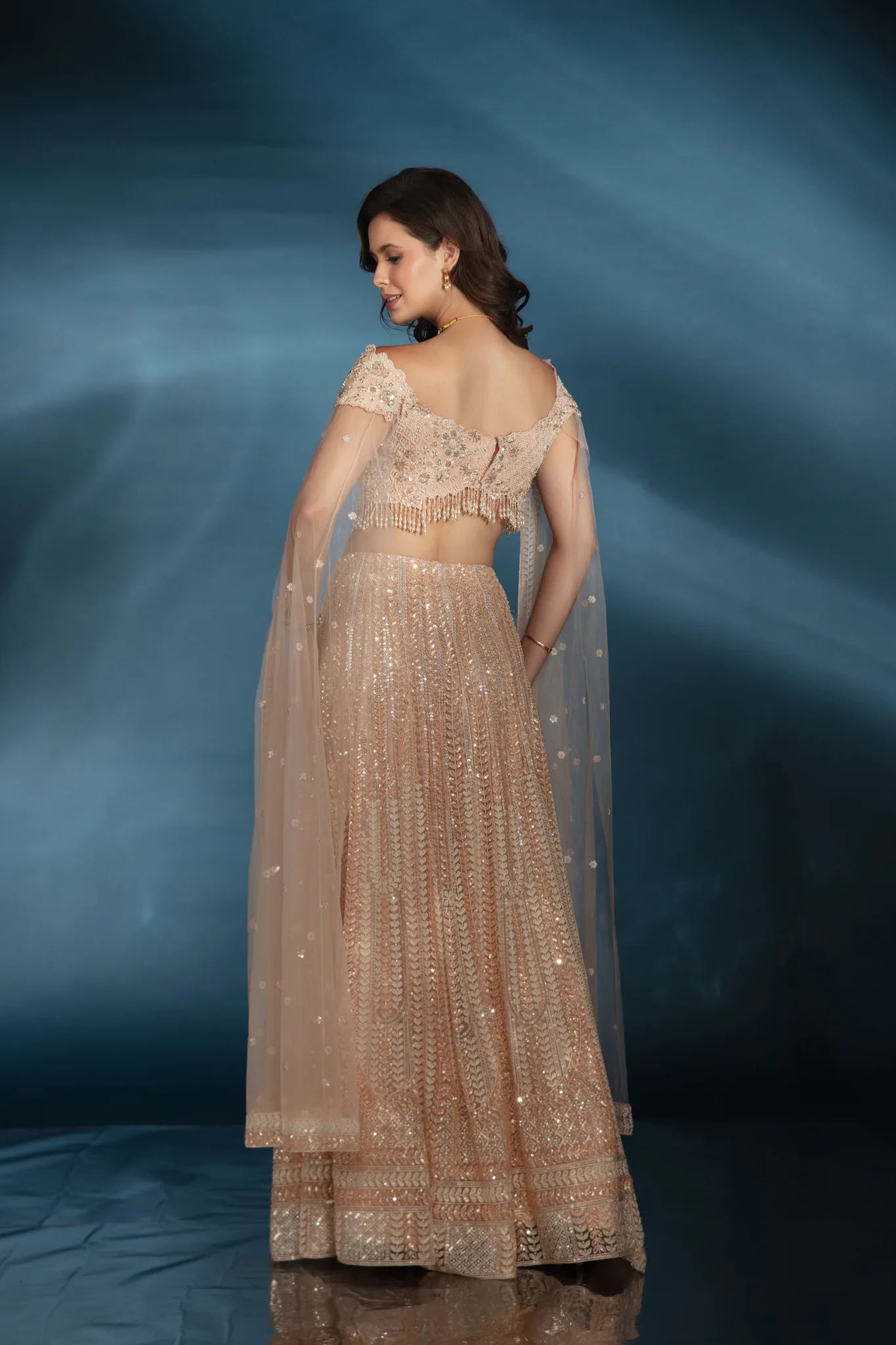 Peach Cape Sleeve Lehenga Set - Saaj 31st11632