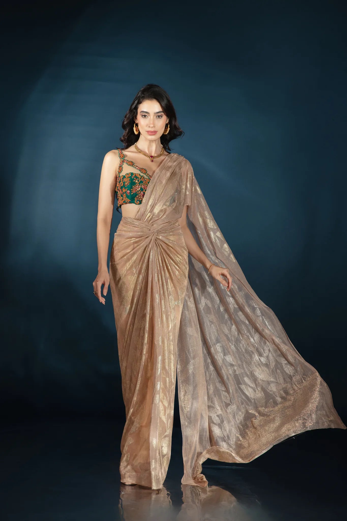 Gold Sculpted Drape Saree Set - Saaj 31st11649