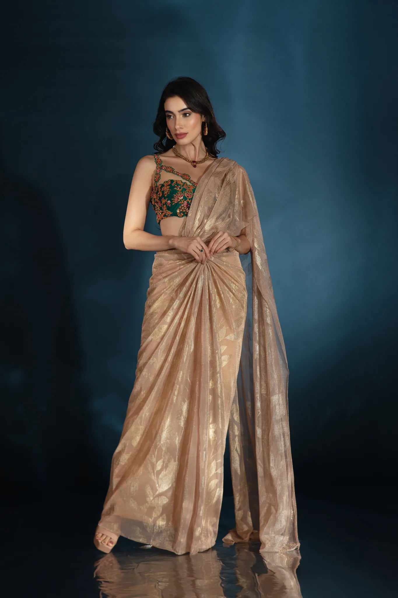 Gold Sculpted Drape Saree Set - Saaj 31st11655