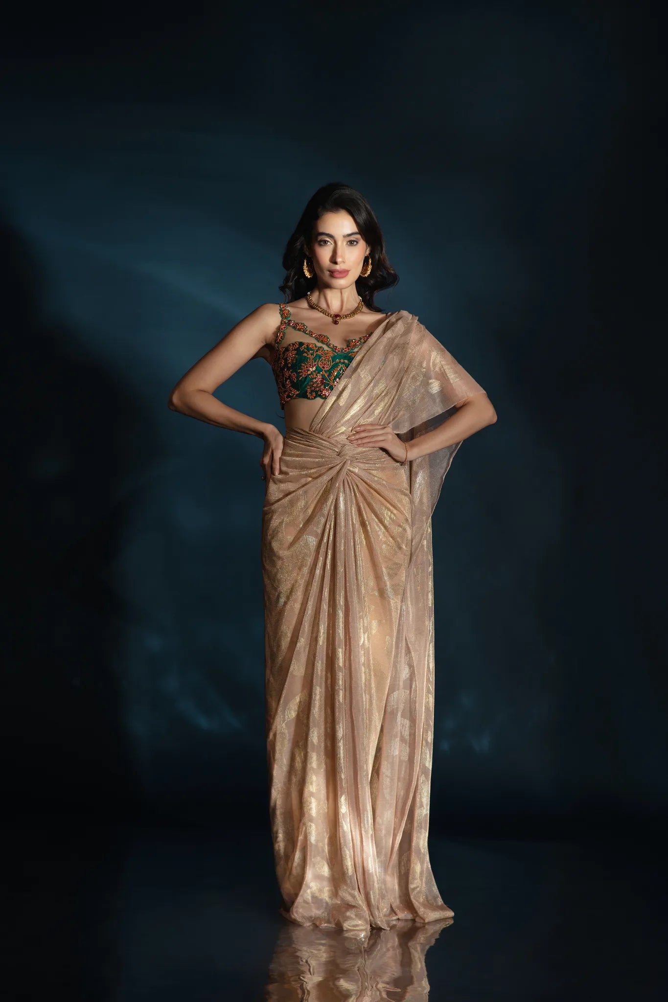 Gold Sculpted Drape Saree Set - Saaj 31st11673