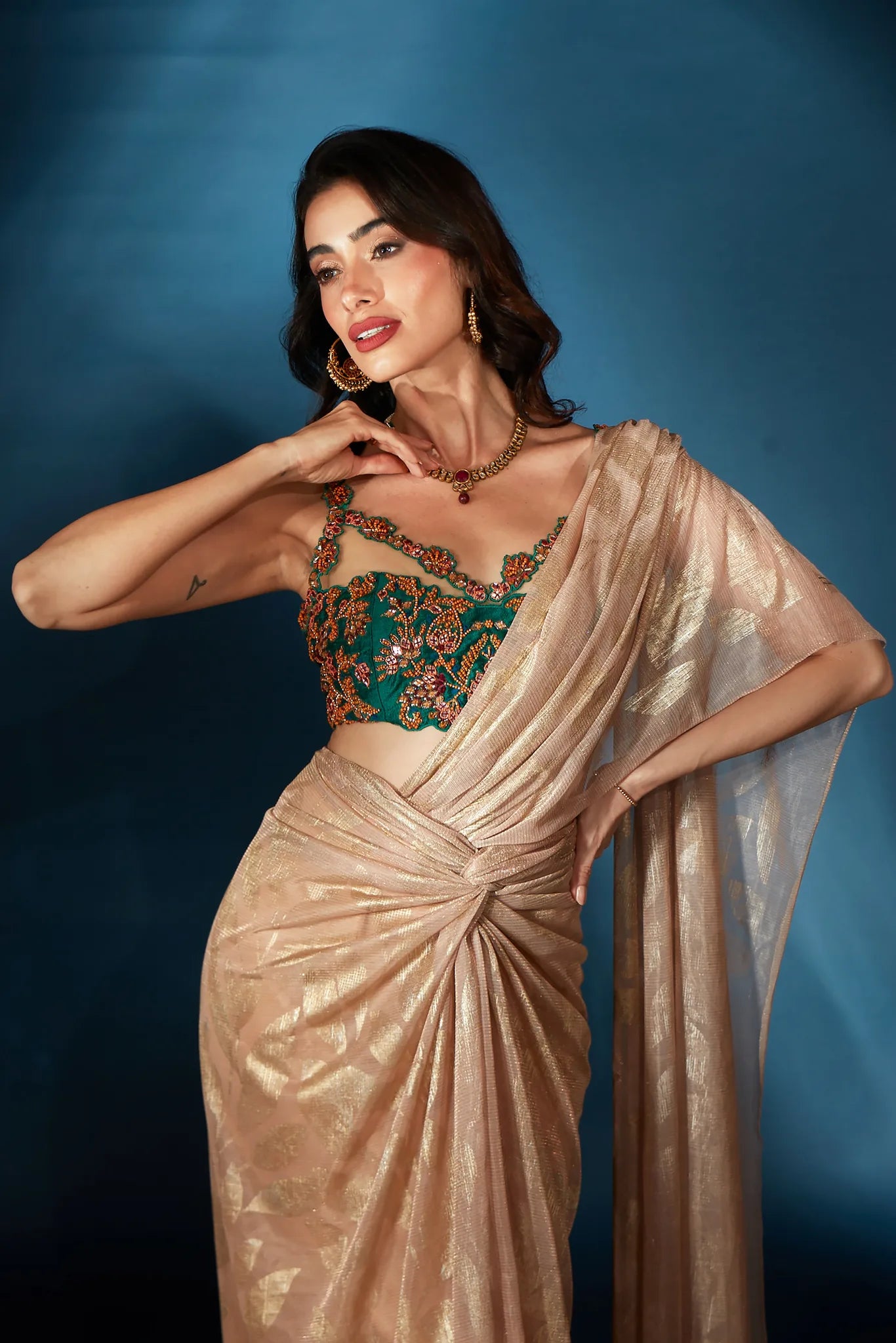 Gold Sculpted Drape Saree Set - Saaj 31st11692