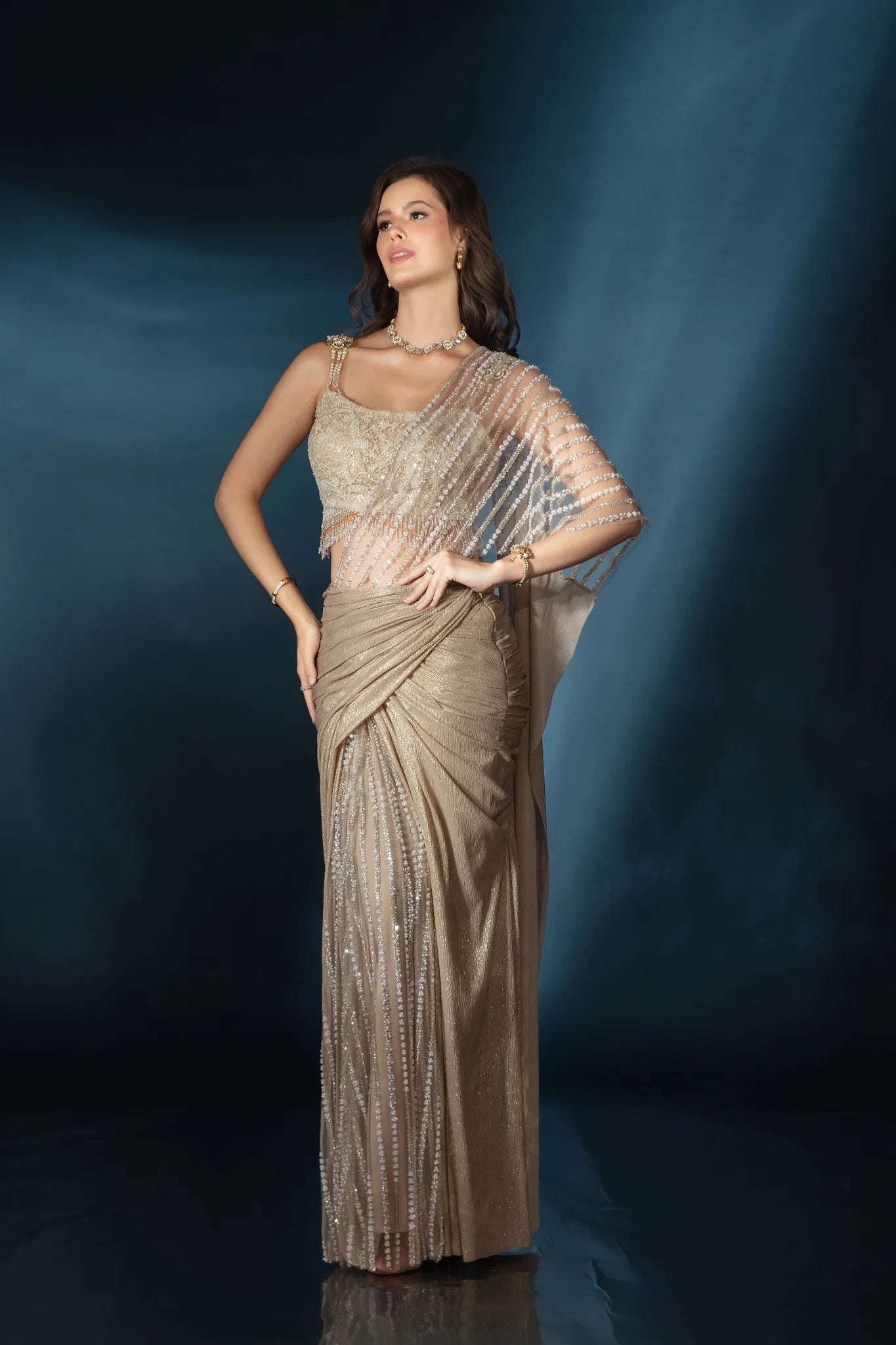 Gold Pre-Draped Saree with Embellished Blouse - Saaj 31st11745