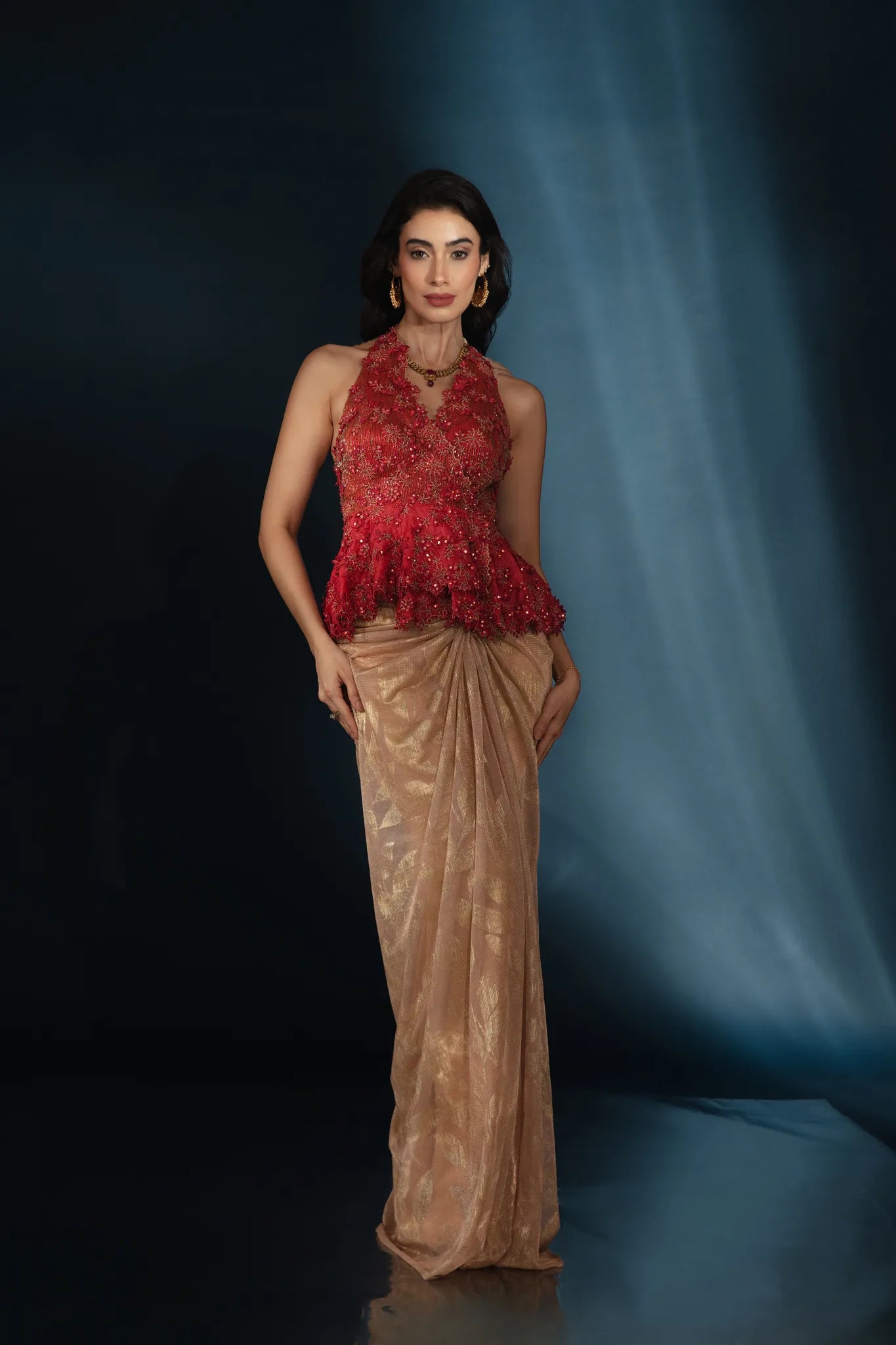 Gold Pre-Draped Saree with Red Halter Peplum Blouse - Saaj 31st11792