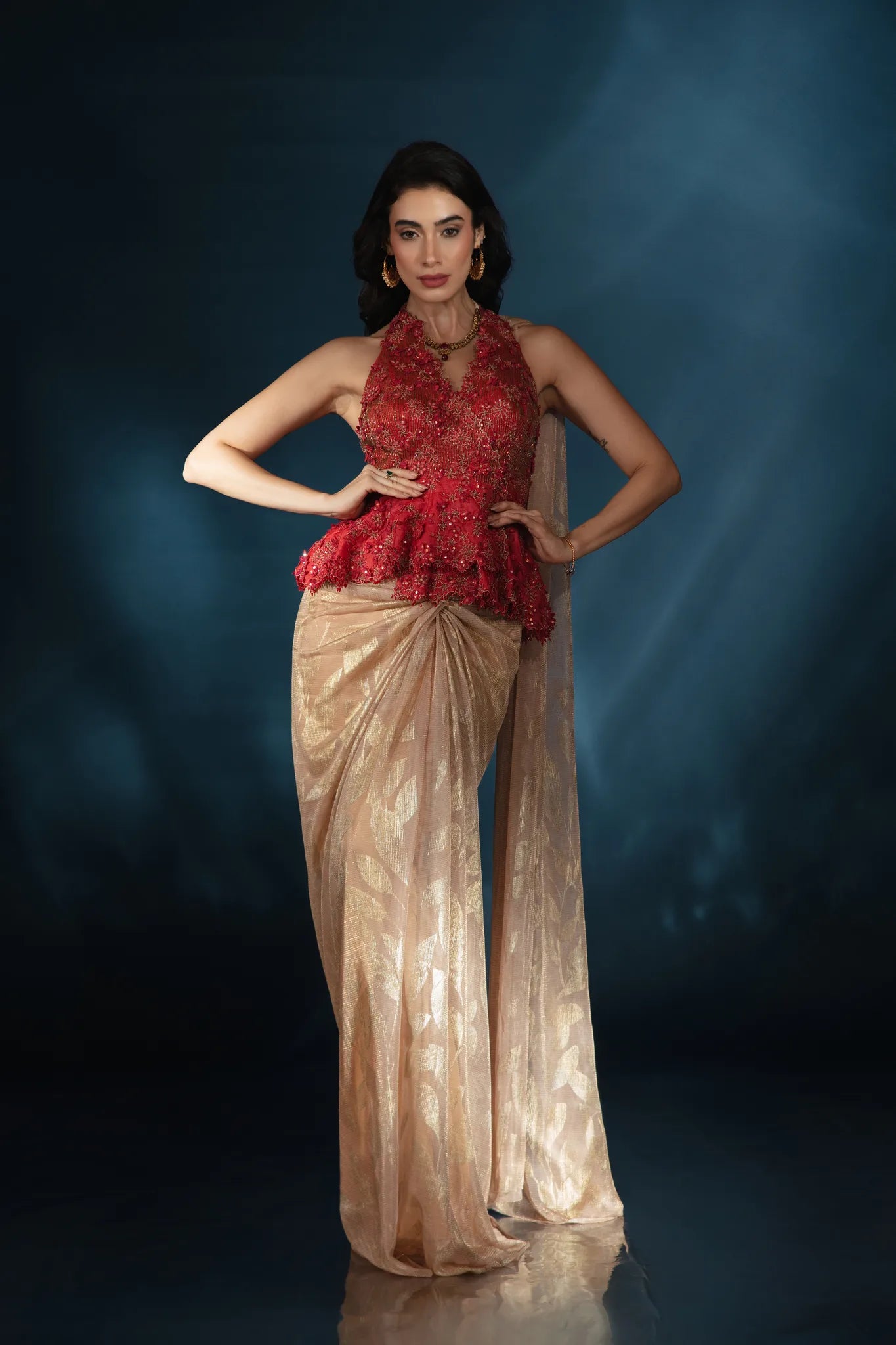 Gold Pre-Draped Saree with Red Halter Peplum Blouse - Saaj 31st11797
