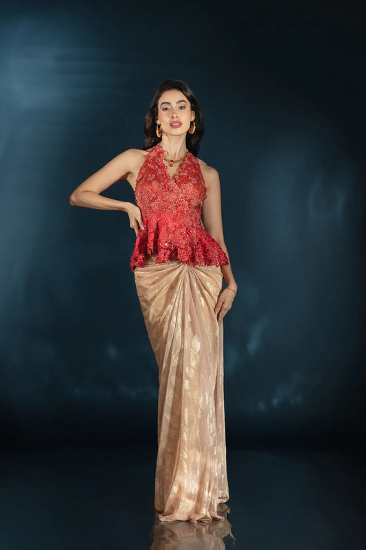 Gold Pre-Draped Saree with Red Halter Peplum Blouse - Saaj 31st11810