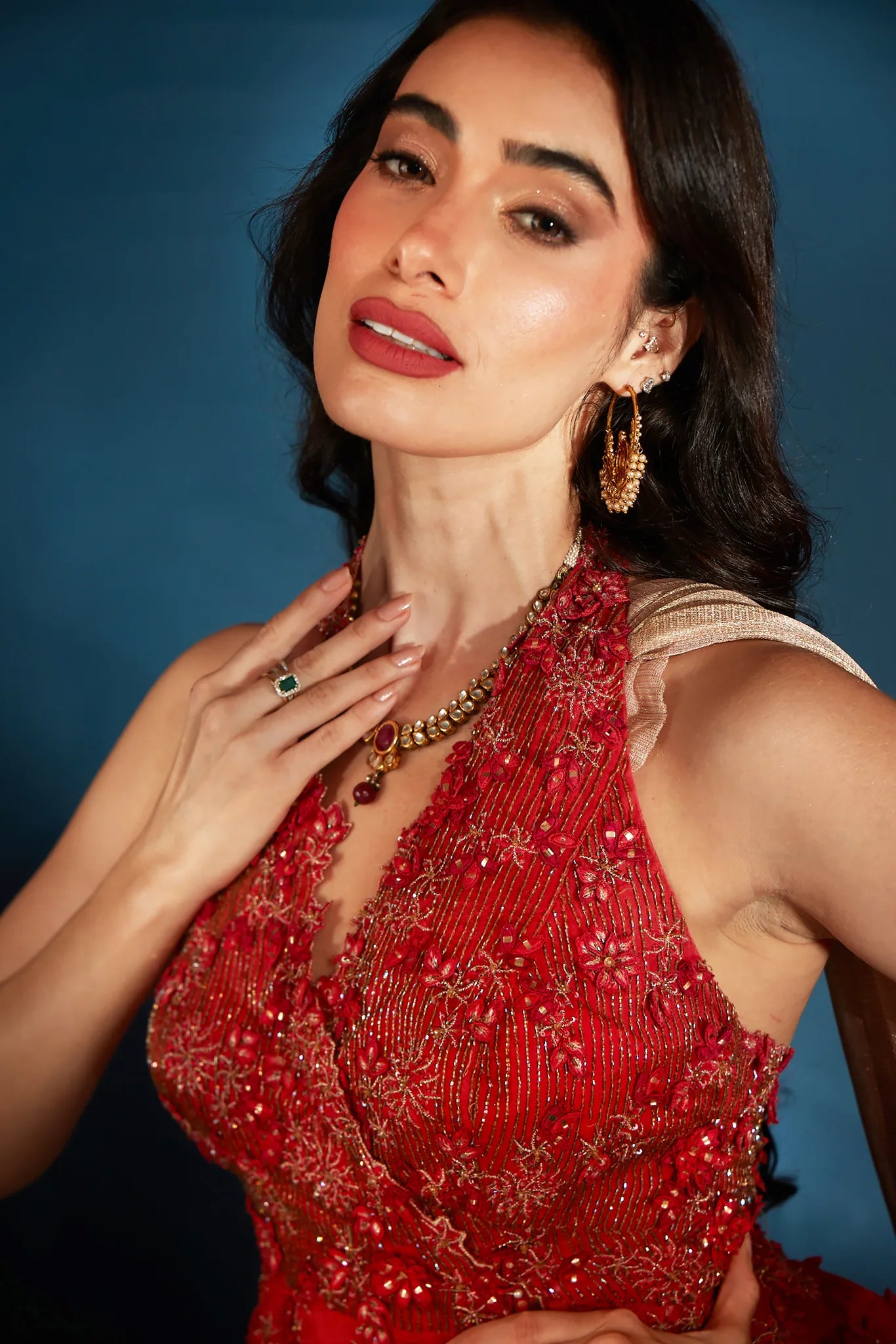 Gold Pre-Draped Saree with Red Halter Peplum Blouse - Saaj 31st11821