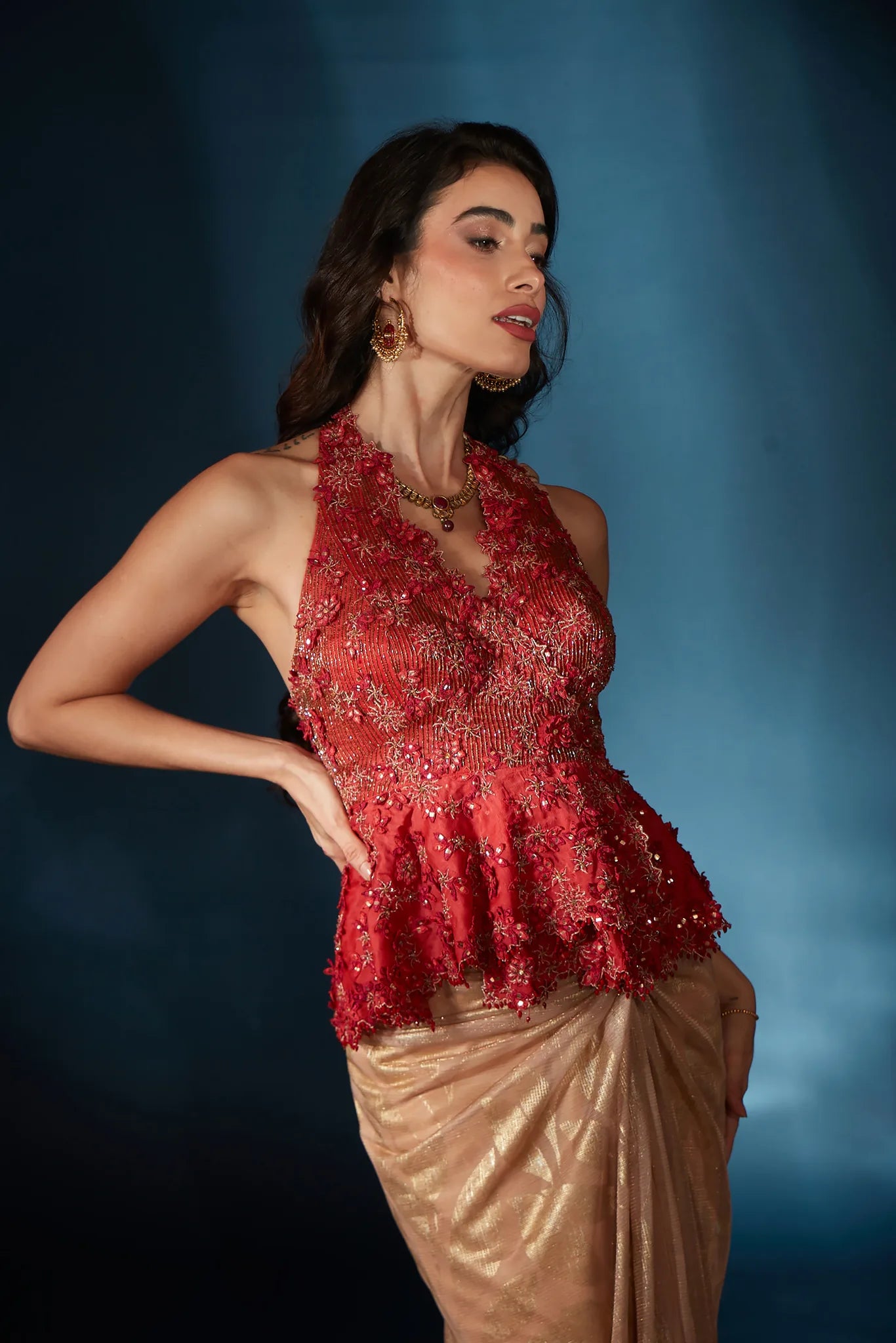 Gold Pre-Draped Saree with Red Halter Peplum Blouse - Saaj 31st11826