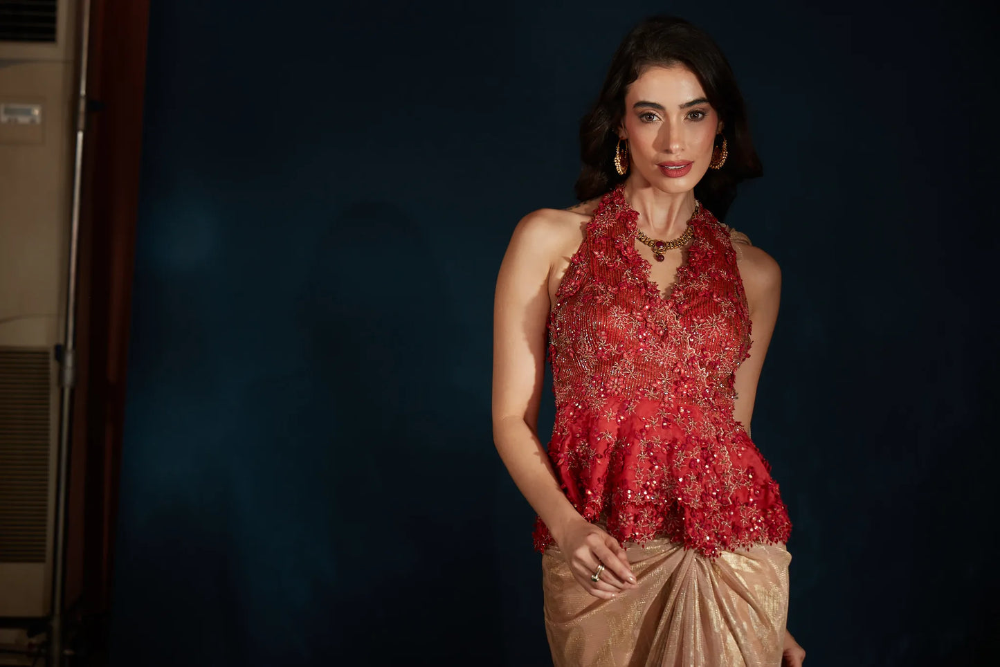 Gold Pre-Draped Saree with Red Halter Peplum Blouse - Saaj 31st11834