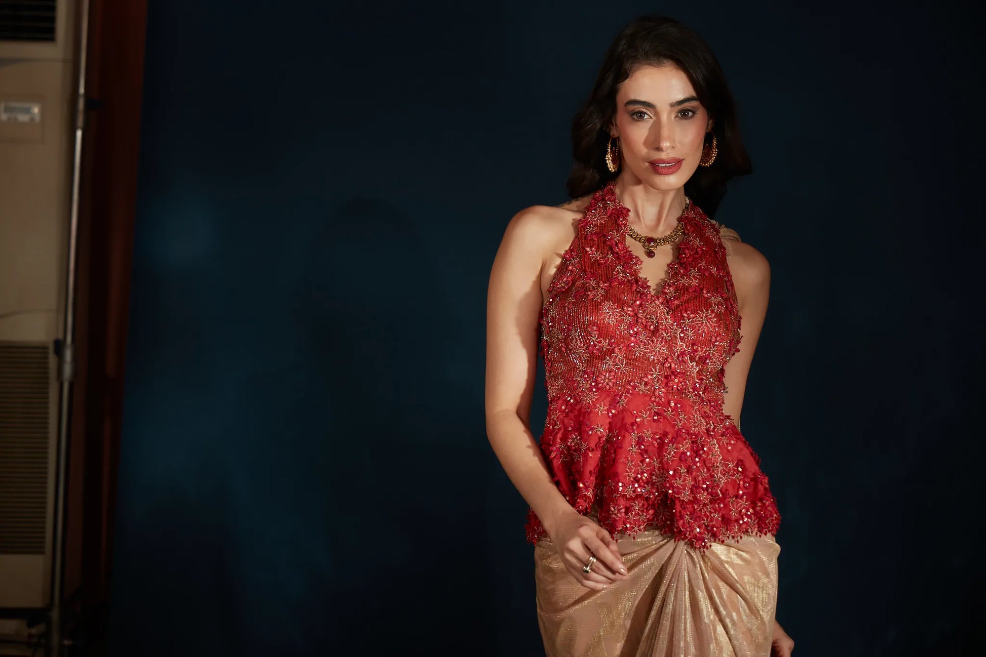 Gold Pre-Draped Saree with Red Halter Peplum Blouse - Saaj 31st11834