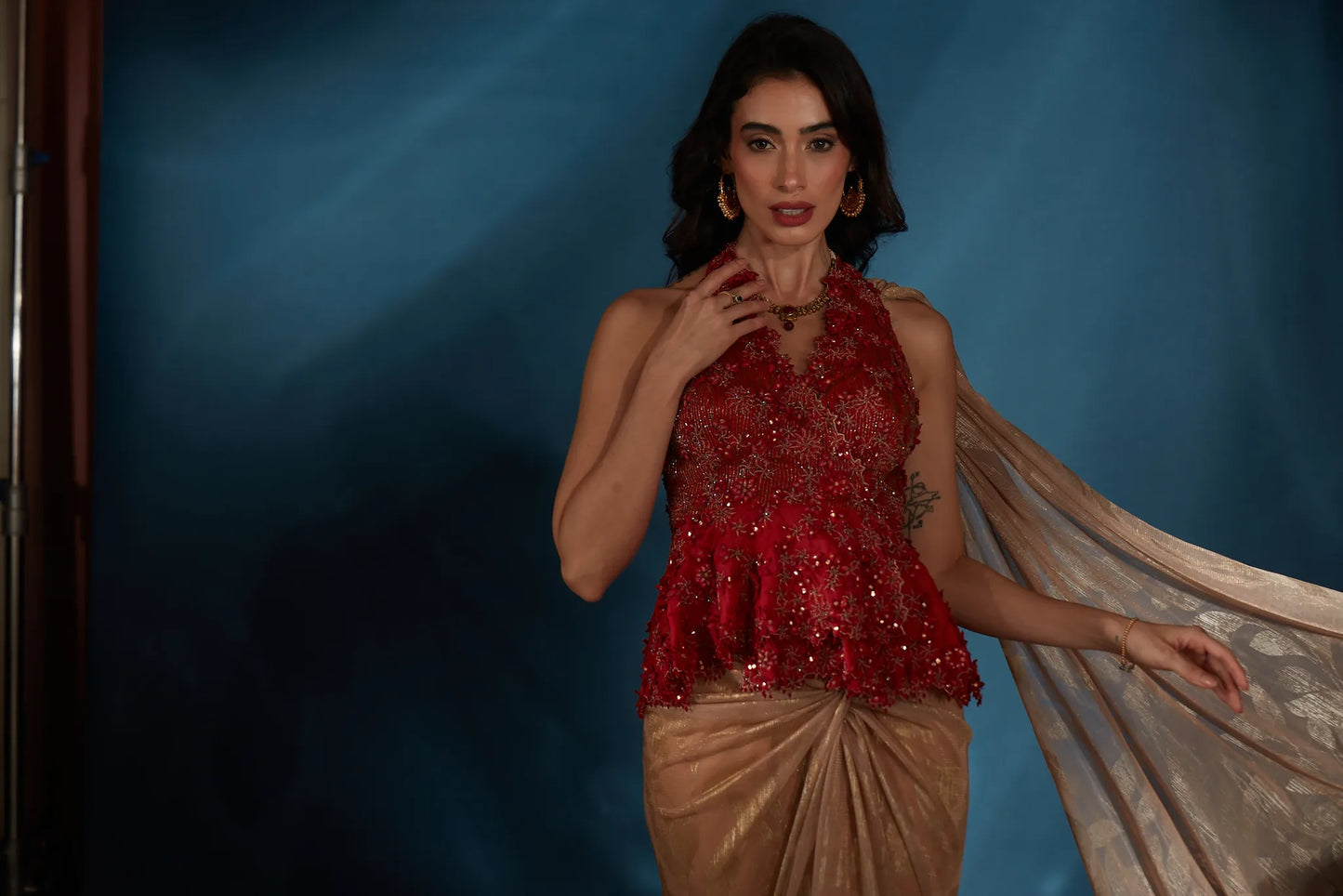 Gold Pre-Draped Saree with Red Halter Peplum Blouse - Saaj 31st11836