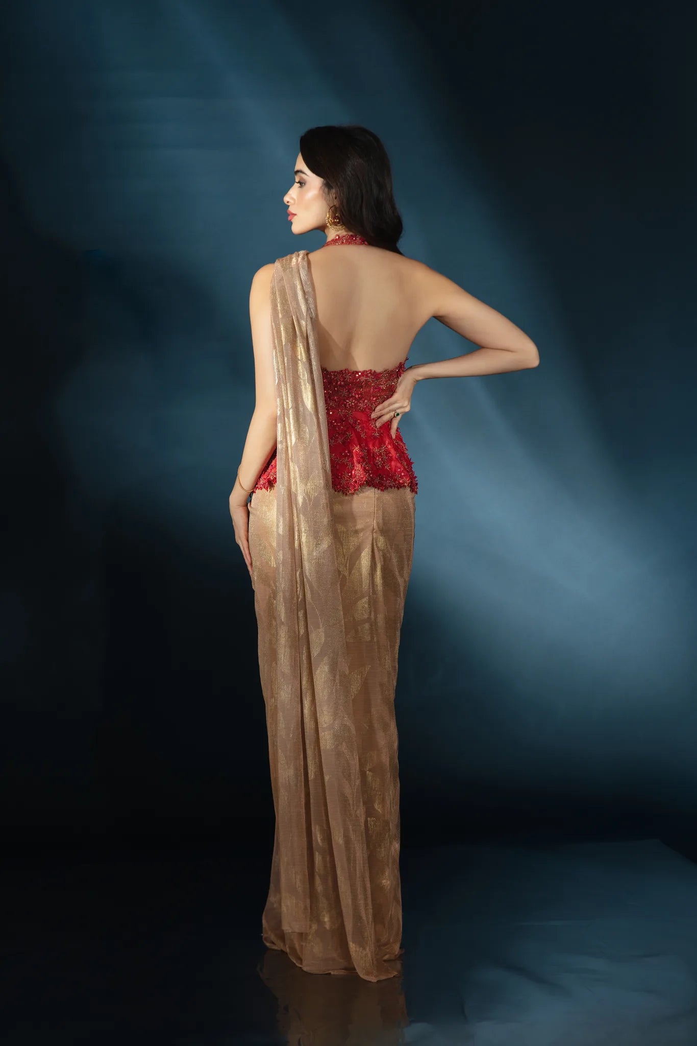 Gold Pre-Draped Saree with Red Halter Peplum Blouse - Saaj 31st11844