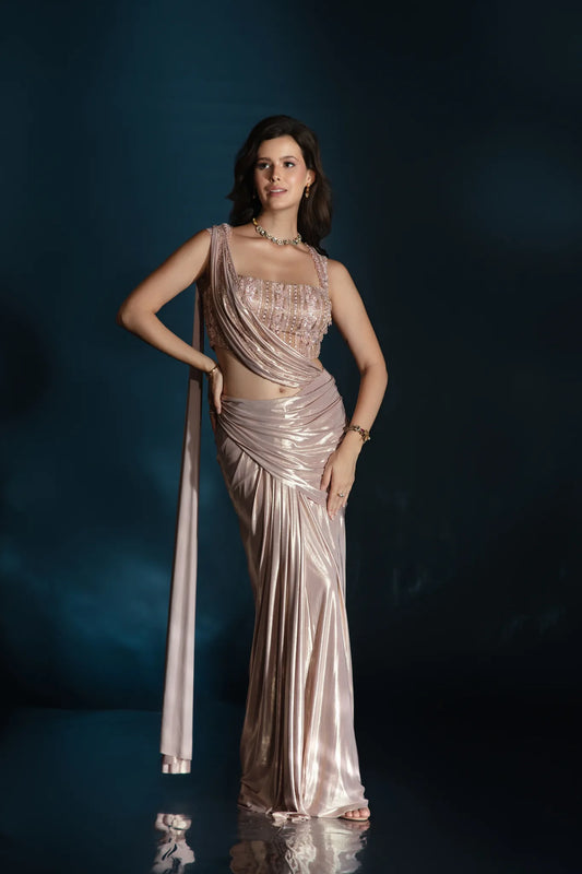 Metallic Pink Pre-Draped Saree with Corset Blouse - Saaj 31st11899