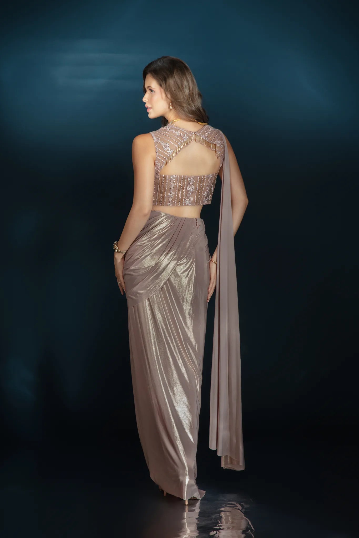 Metallic Pink Pre-Draped Saree with Corset Blouse - Saaj 31st11925