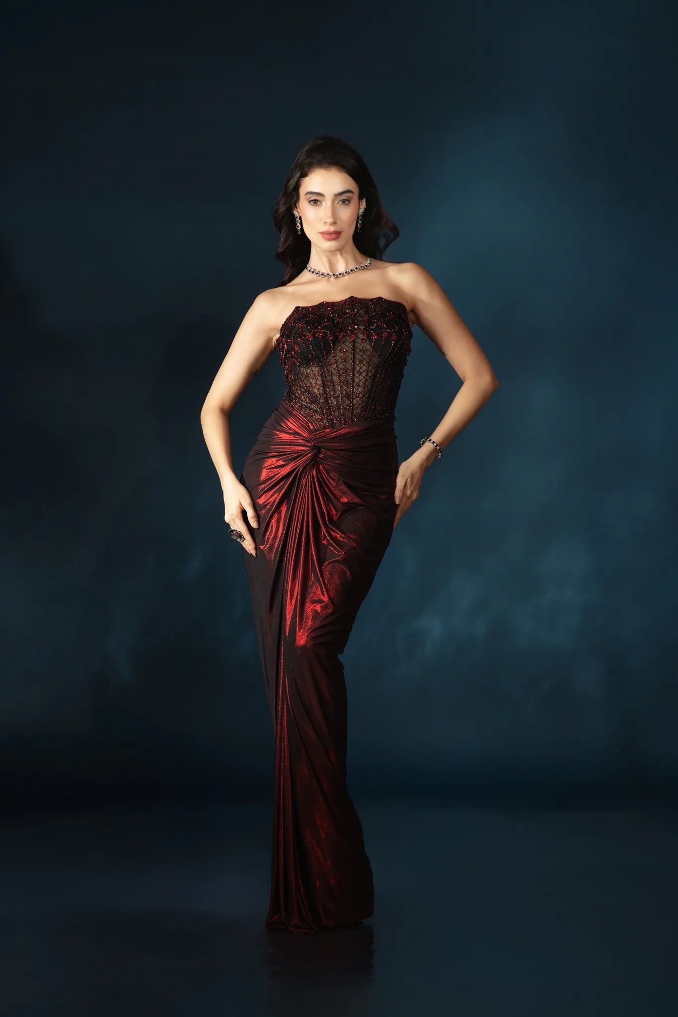 Ruby Black Corset Drape Gown with Embellished Cape - Saaj 31st11927
