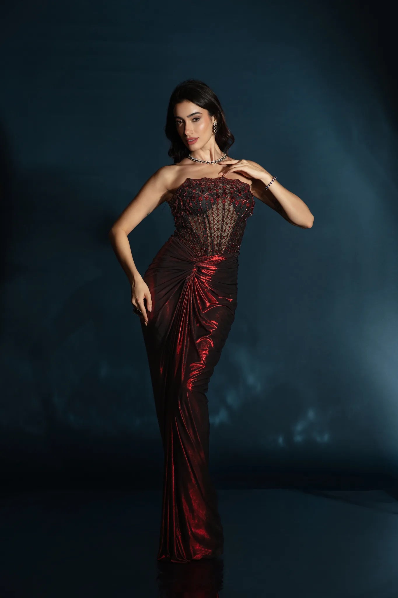 Ruby Black Corset Drape Gown with Embellished Cape - Saaj 31st11930