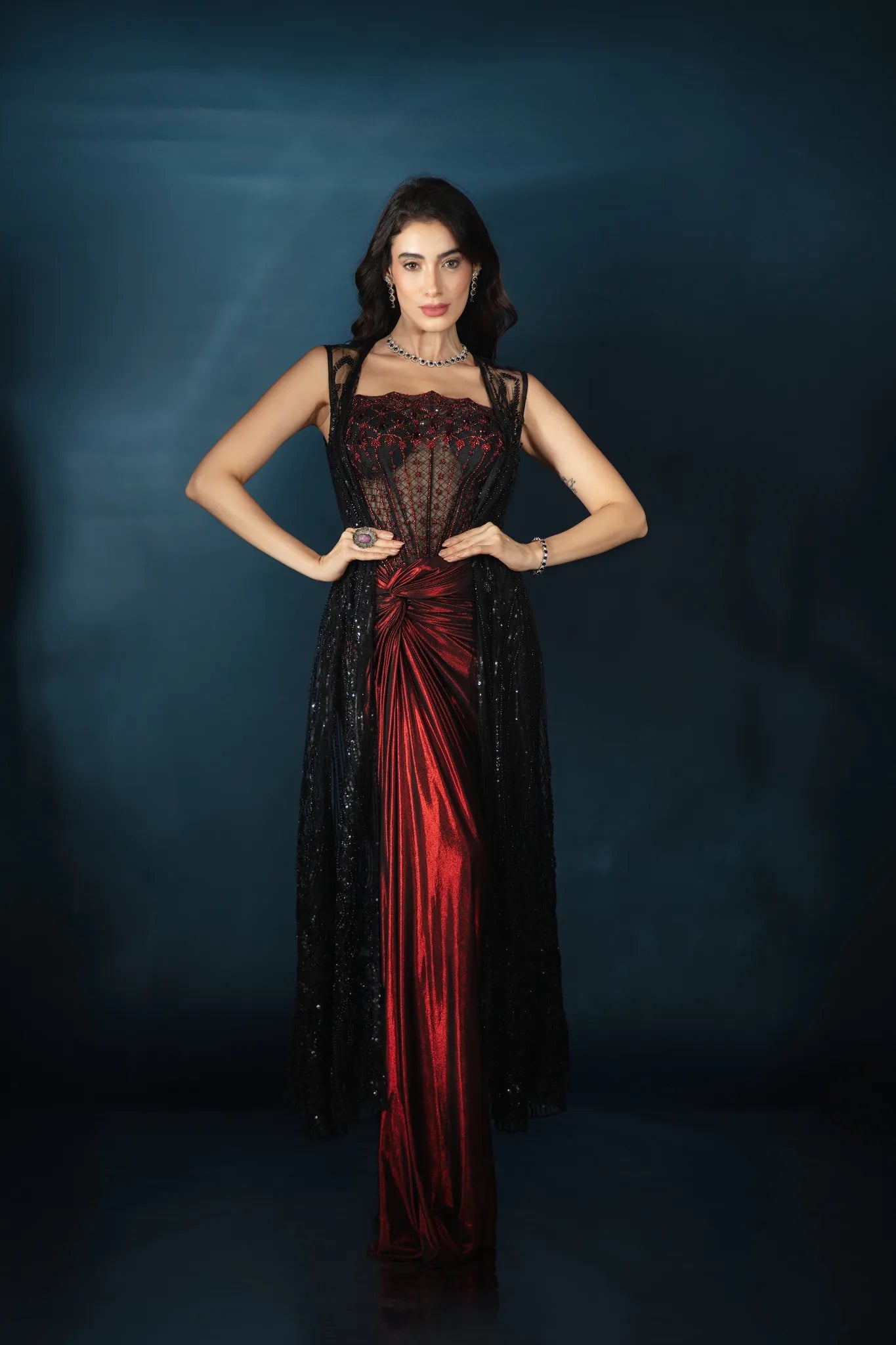 Ruby Black Corset Drape Gown with Embellished Cape - Saaj 31st11952