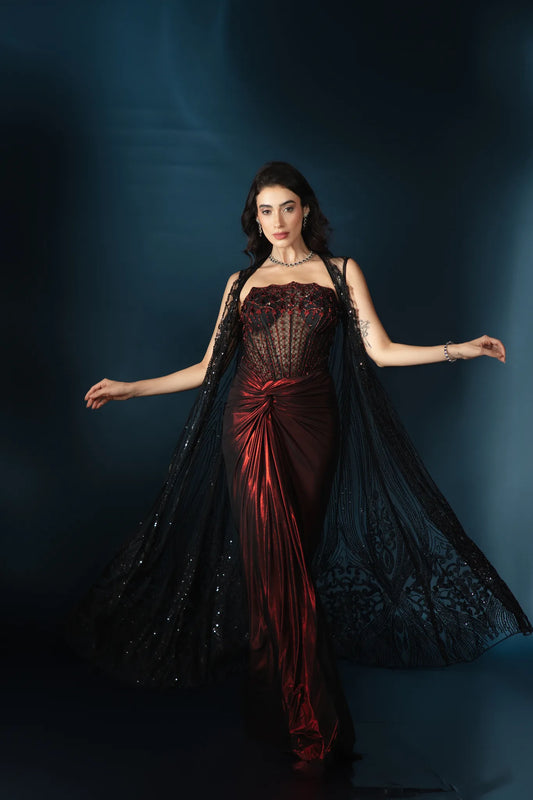 Ruby Black Corset Drape Gown with Embellished Cape - Saaj 31st11990