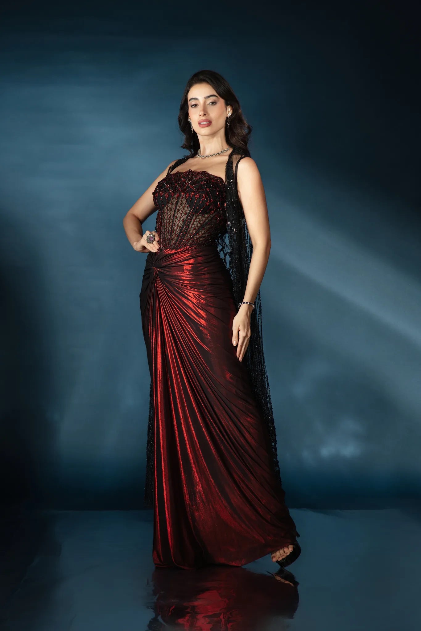 Ruby Black Corset Drape Gown with Embellished Cape - Saaj 31st12006