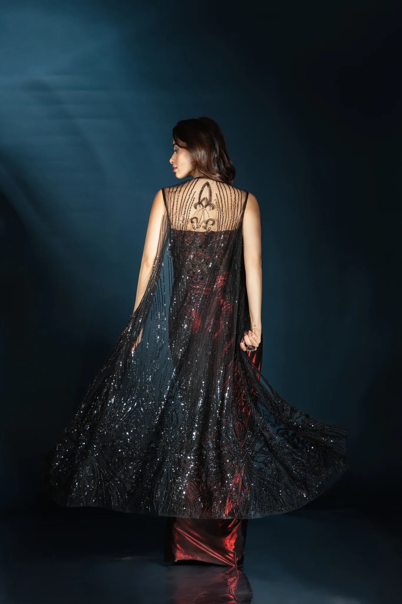 Ruby Black Corset Drape Gown with Embellished Cape - Saaj 31st12034
