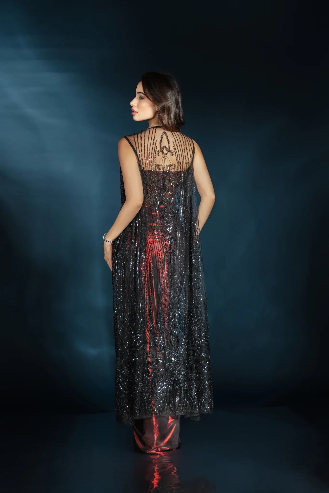 Ruby Black Corset Drape Gown with Embellished Cape - Saaj 31st12037