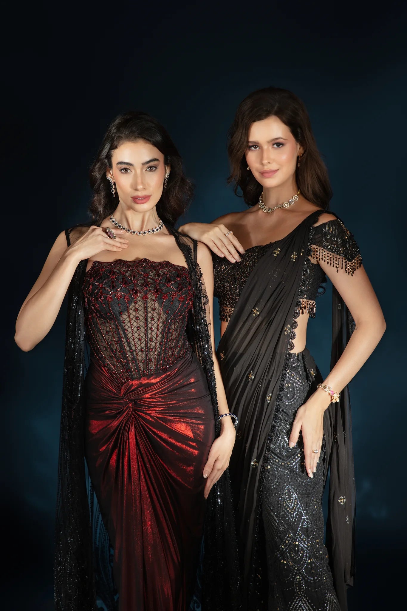 Ruby Black Corset Drape Gown with Embellished Cape - Saaj 31st12064