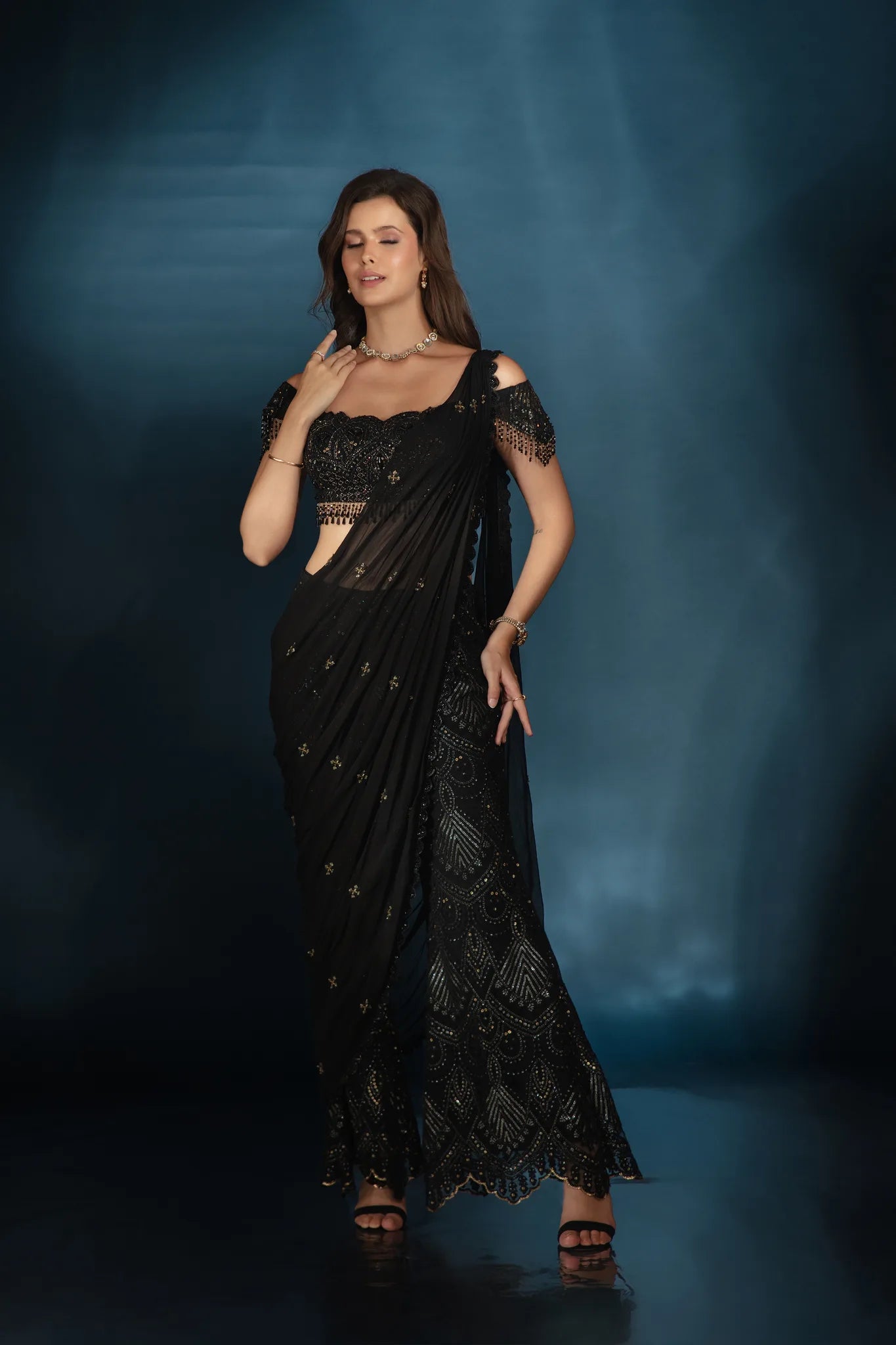 Black Embroidered Pant Saree Set - Saaj 31st12085