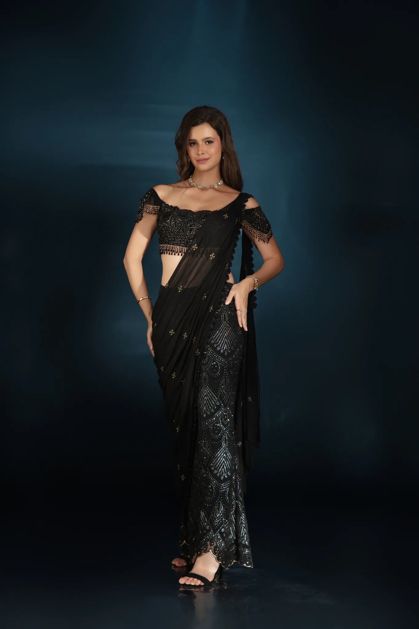 Black Embroidered Pant Saree Set - Saaj 31st12093