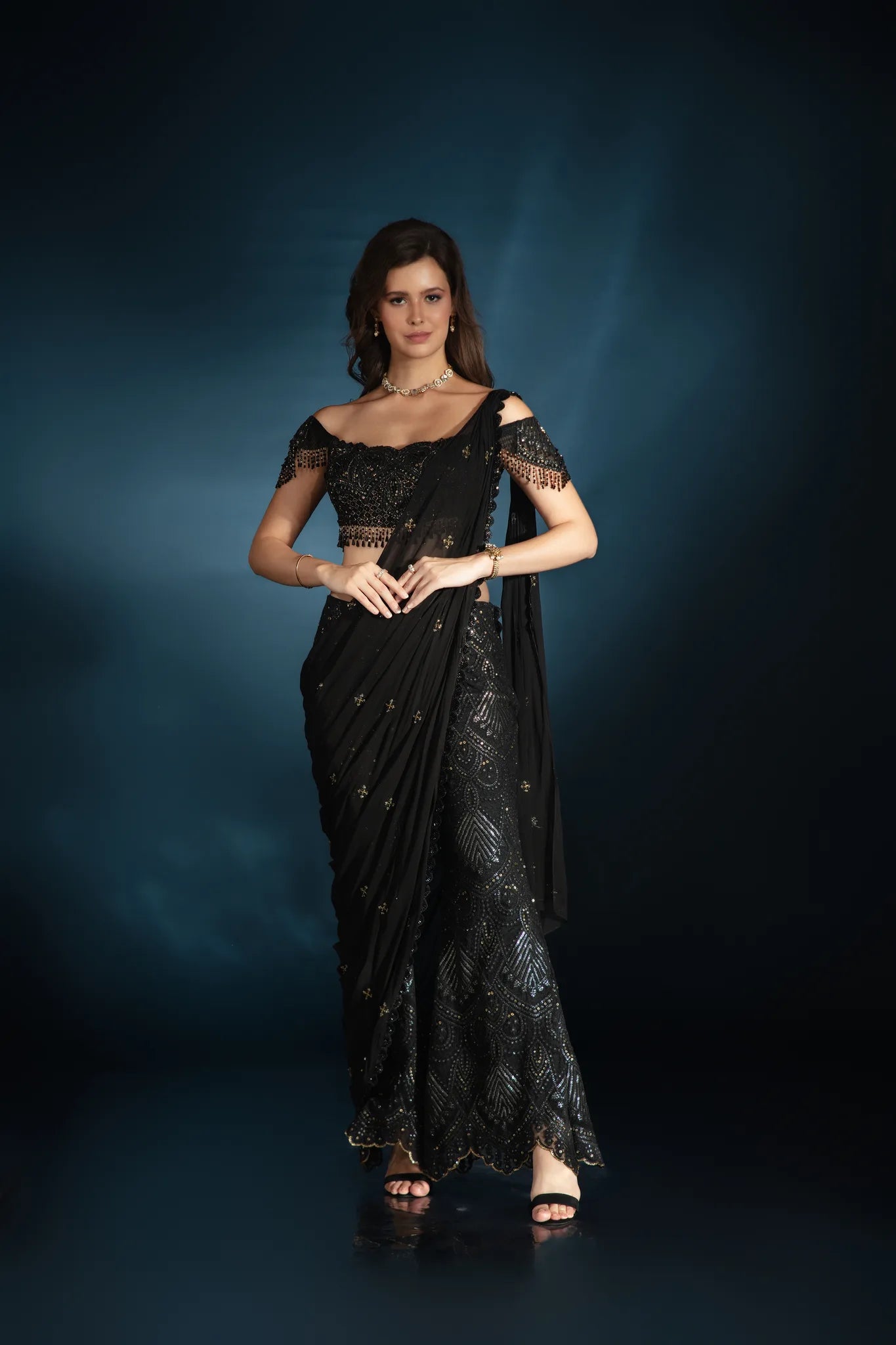 Black Embroidered Pant Saree Set - Saaj 31st12102