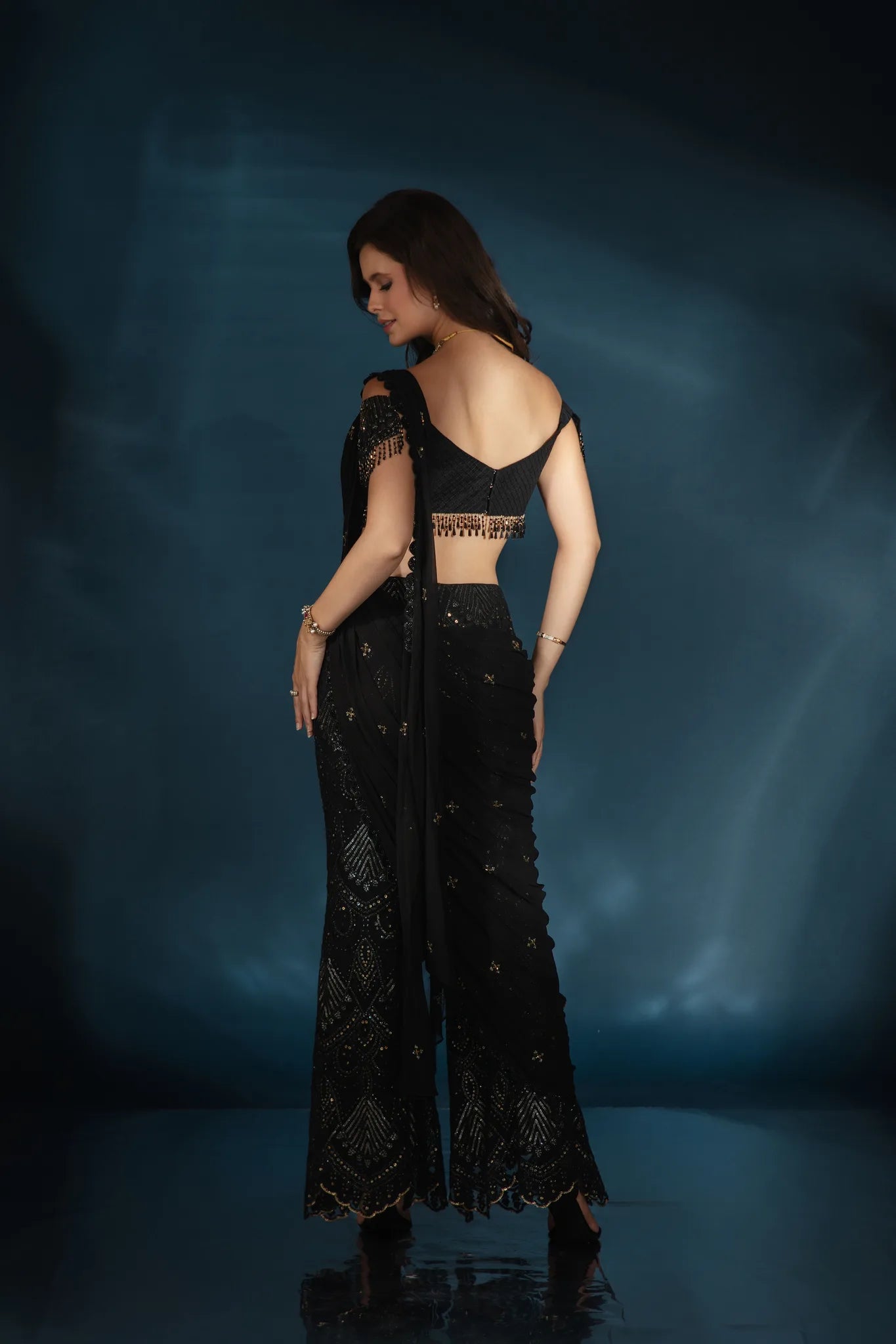 Black Embroidered Pant Saree Set - Saaj 31st12155