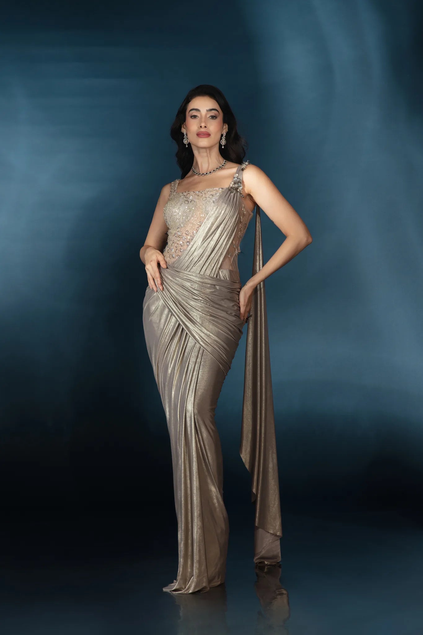 Taupe Liquid Luster Saree Gown - Saaj 31st12165