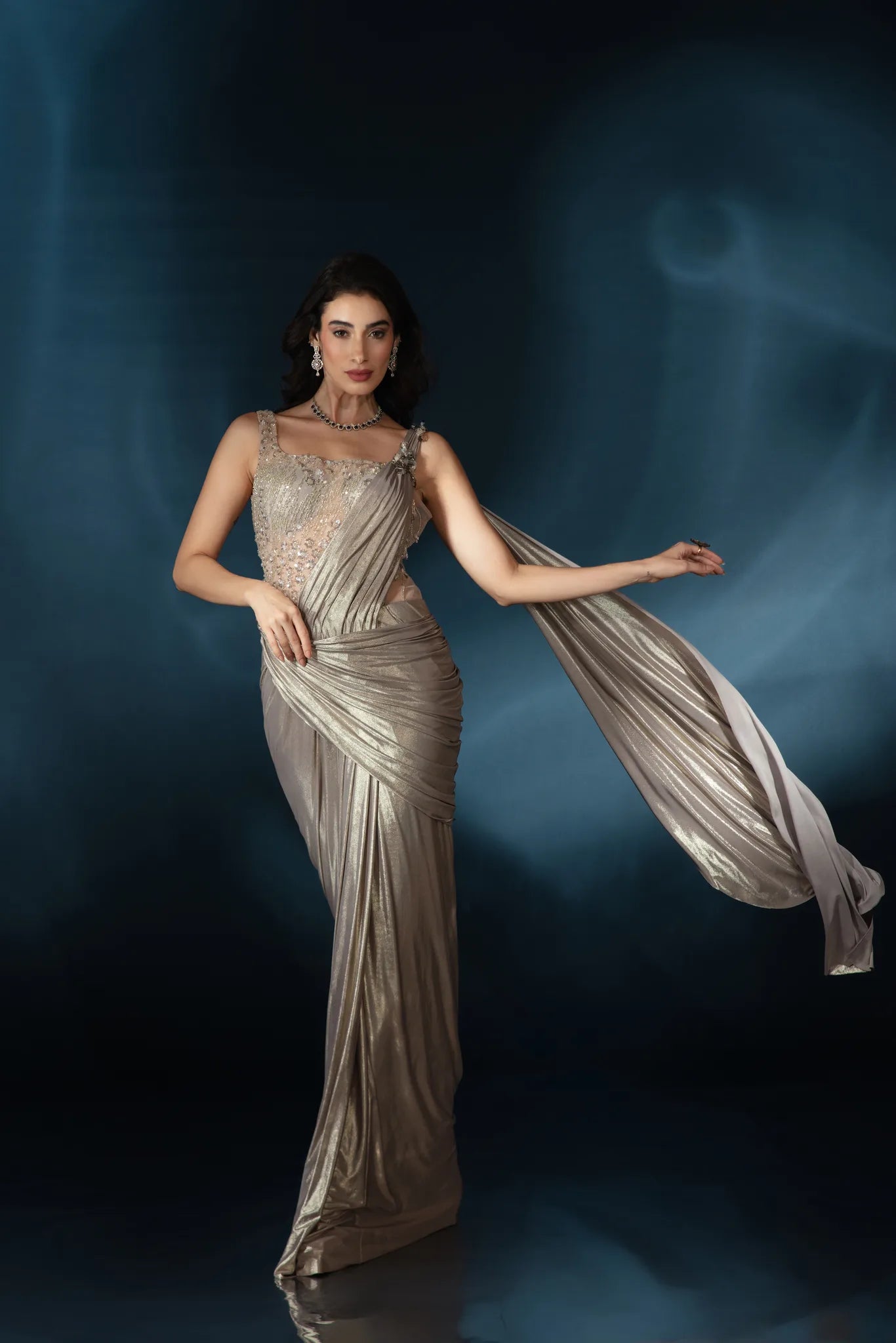 Taupe Liquid Luster Saree Gown - Saaj 31st12174