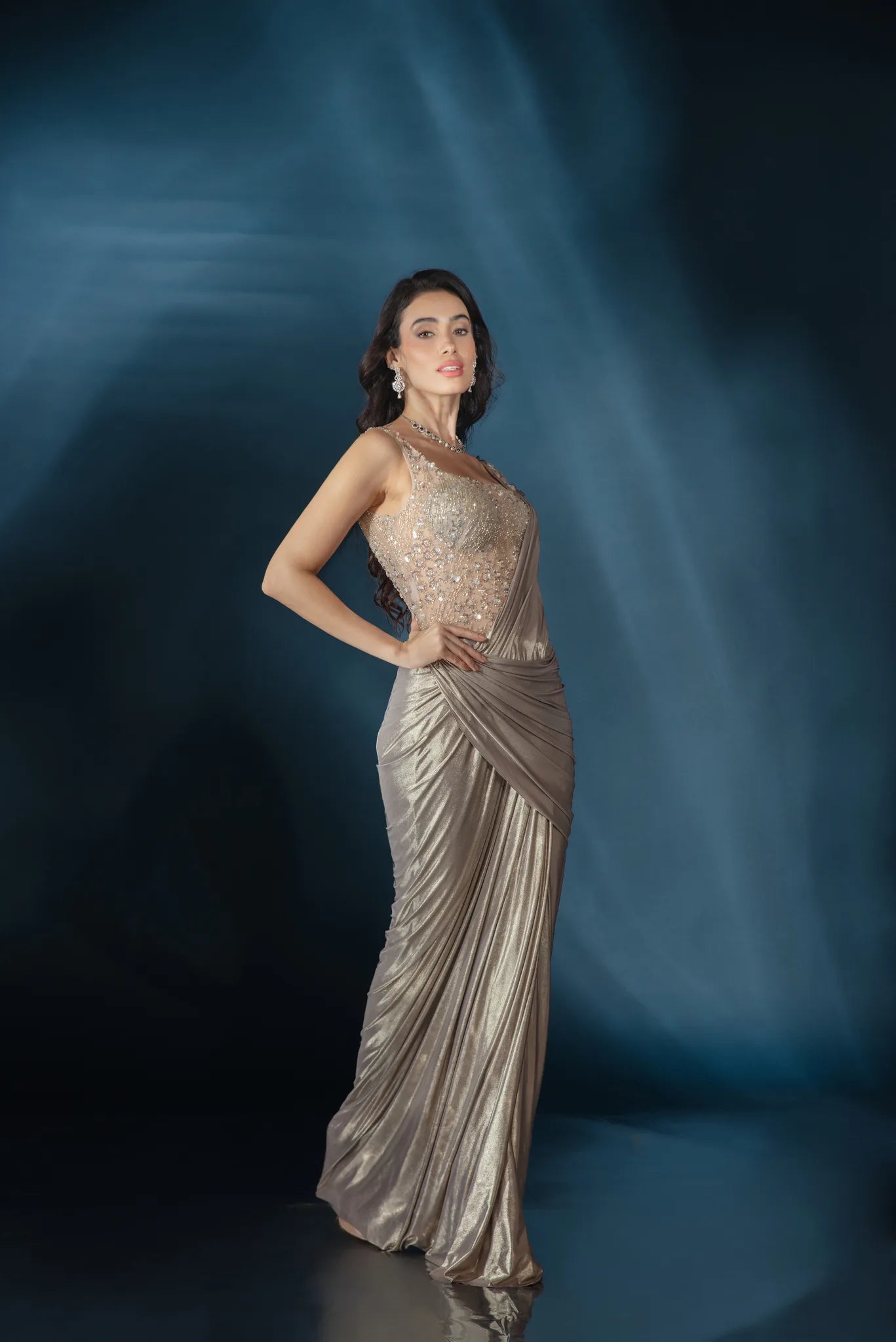 Taupe Liquid Luster Saree Gown - Saaj 31st12180