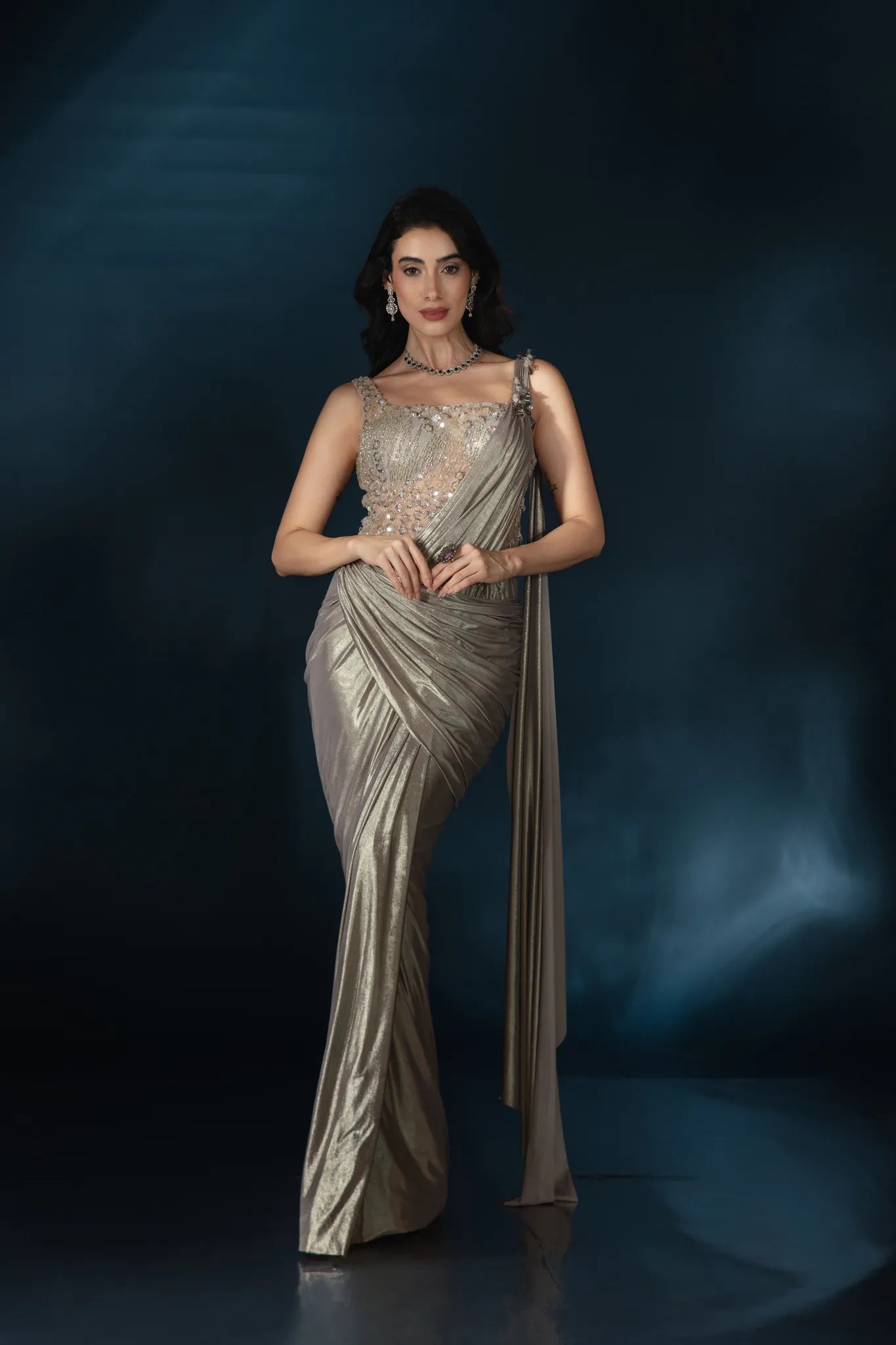 Taupe Liquid Luster Saree Gown - Saaj 31st12184