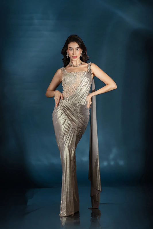 Taupe Liquid Luster Saree Gown - Saaj 31st12188