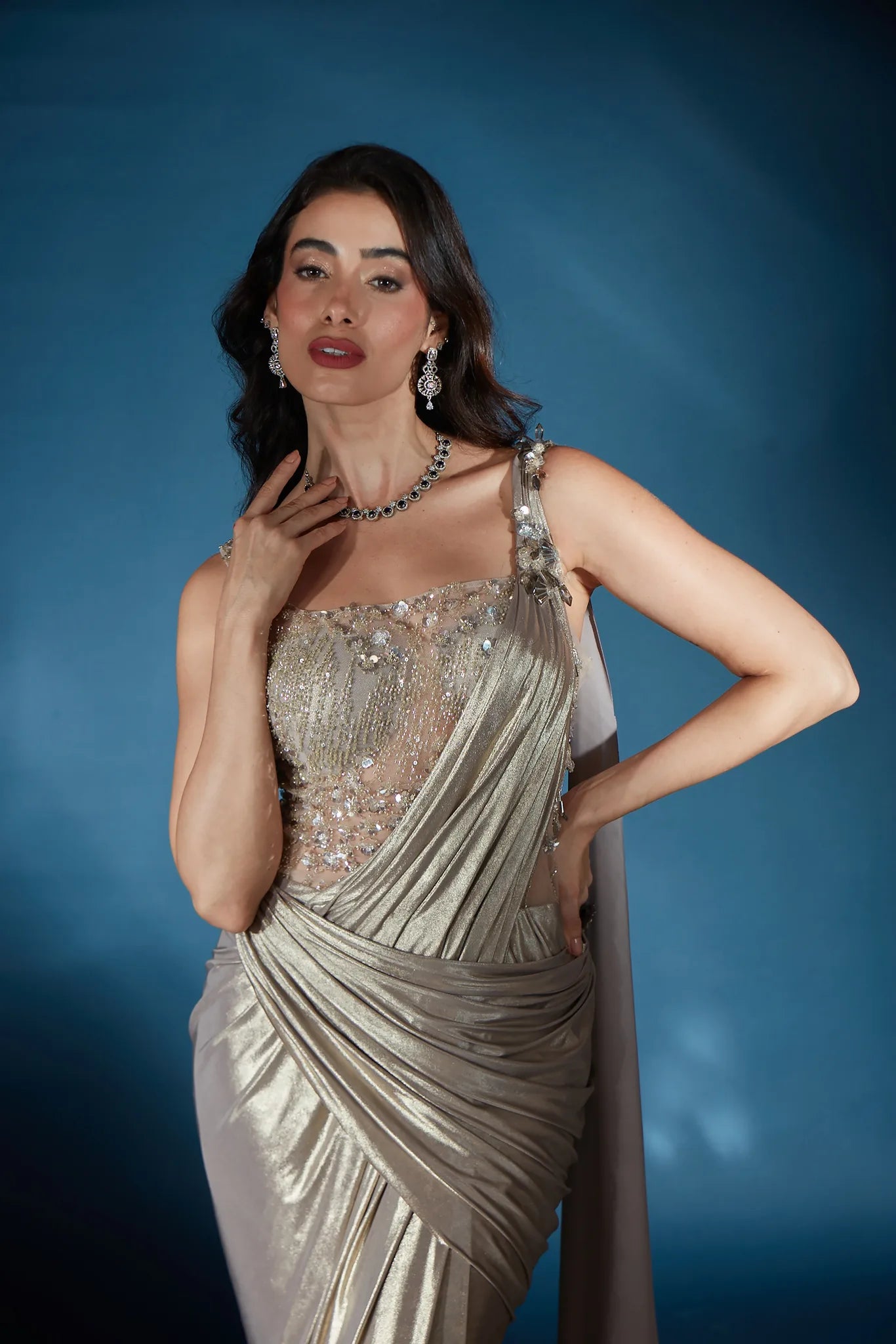 Taupe Liquid Luster Saree Gown - Saaj 31st12191