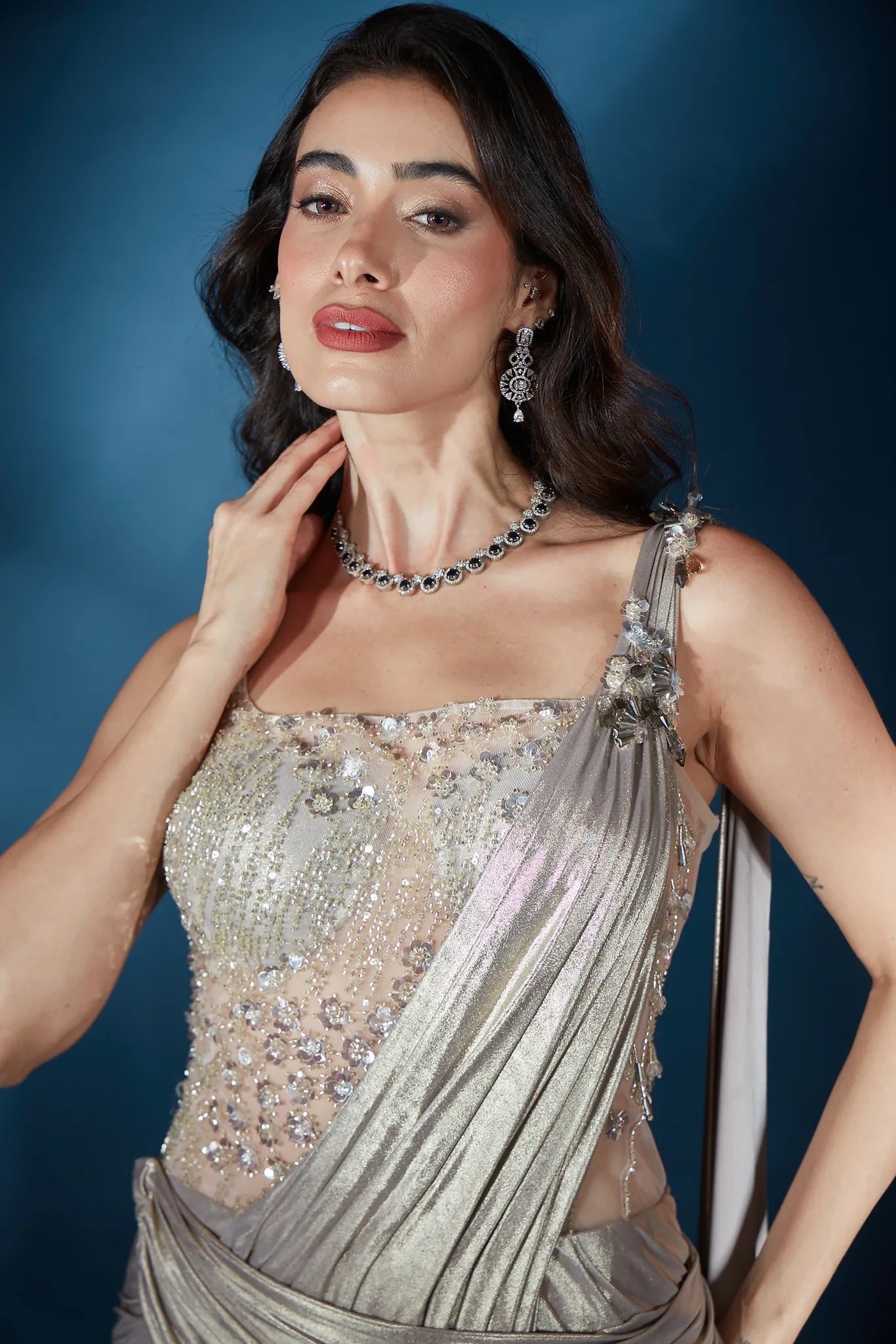 Taupe Liquid Luster Saree Gown - Saaj 31st12199