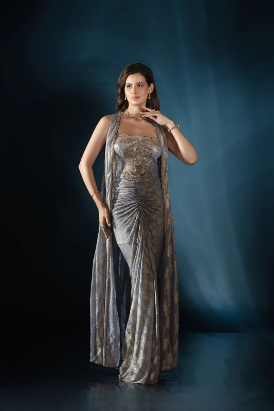 Powder Blue Metallic Drape Saree Gown with Cape - Saaj 31st12242